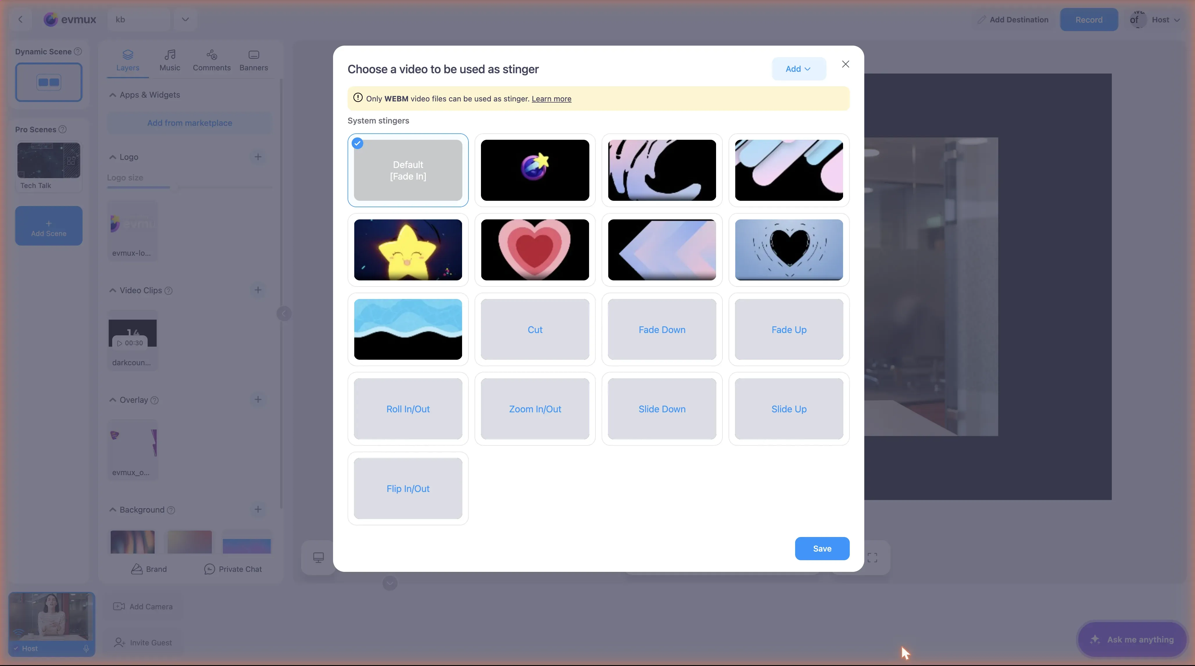The Choose a video to be used as stinger dialog: Default (Fade in), eight animated stingers, then Cut, Fade Down, Fade Up, Roll In/Out, Zoom In/Out, Slide Down, Slide Up and Flip In/Out, with a Save button