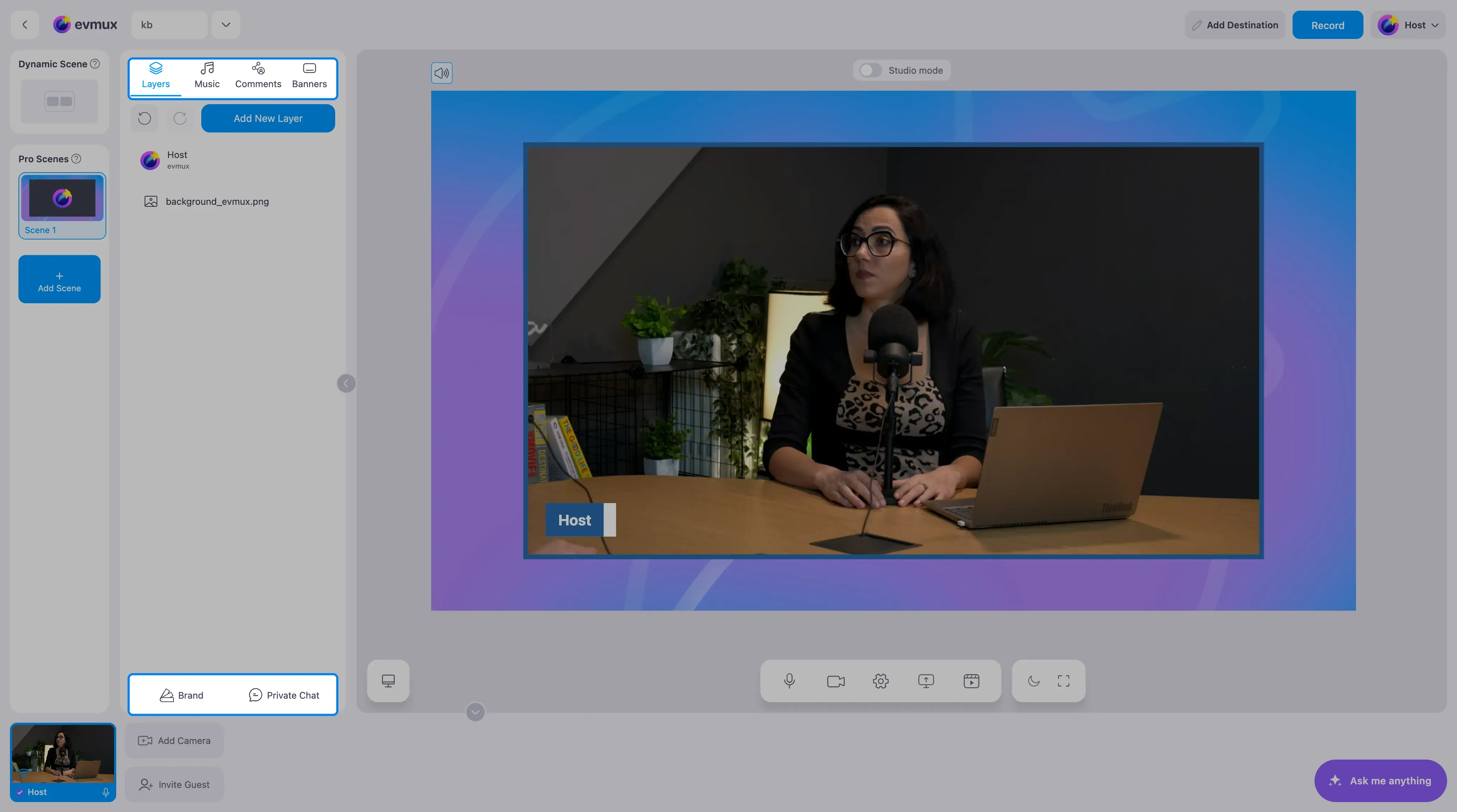 O painel de abas com as duas fileiras de abas destacadas: Layers, Music, Comments e Banners em cima, Brand e Private Chat embaixo