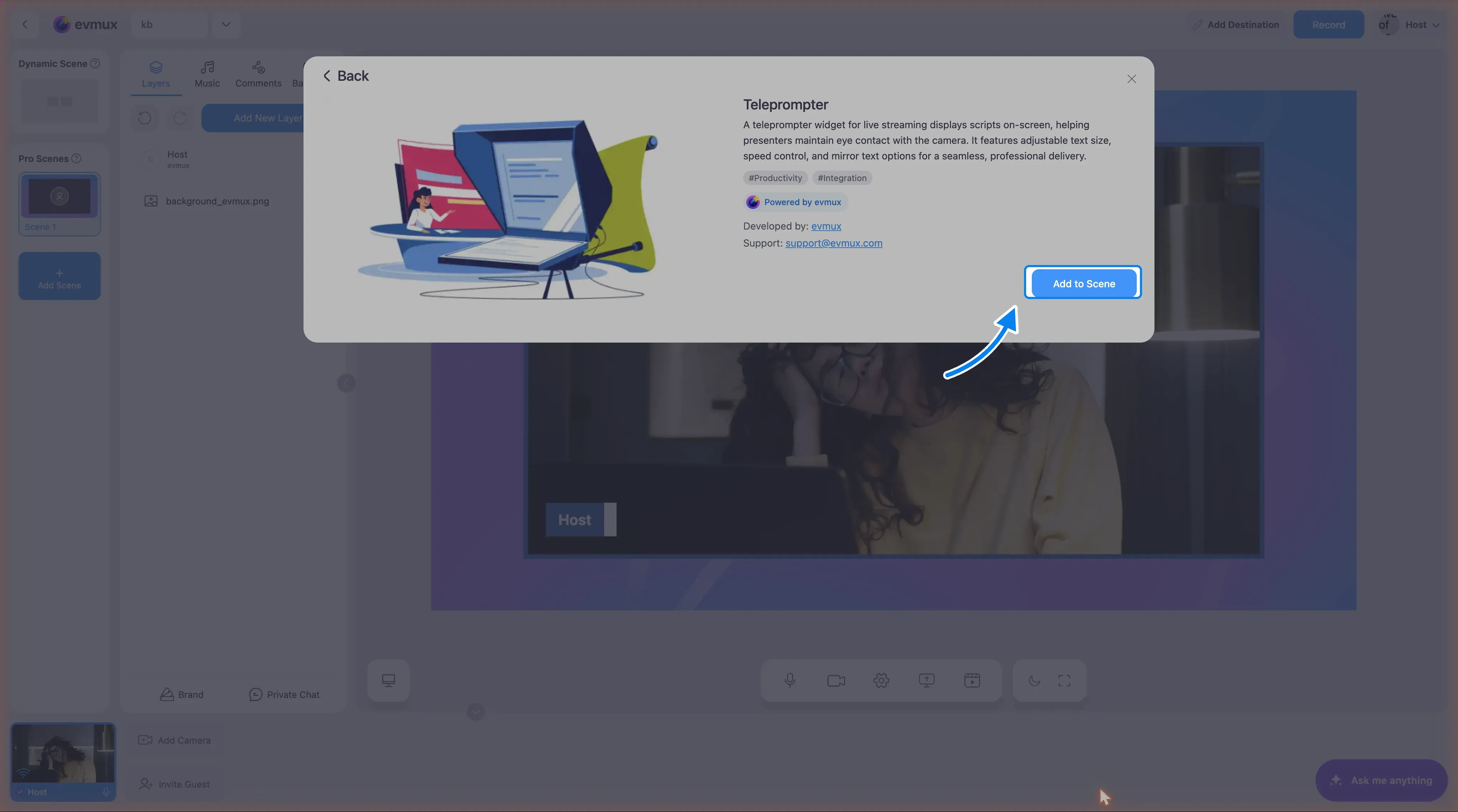A página do app Teleprompter no App Market com o botão Add to Scene destacado