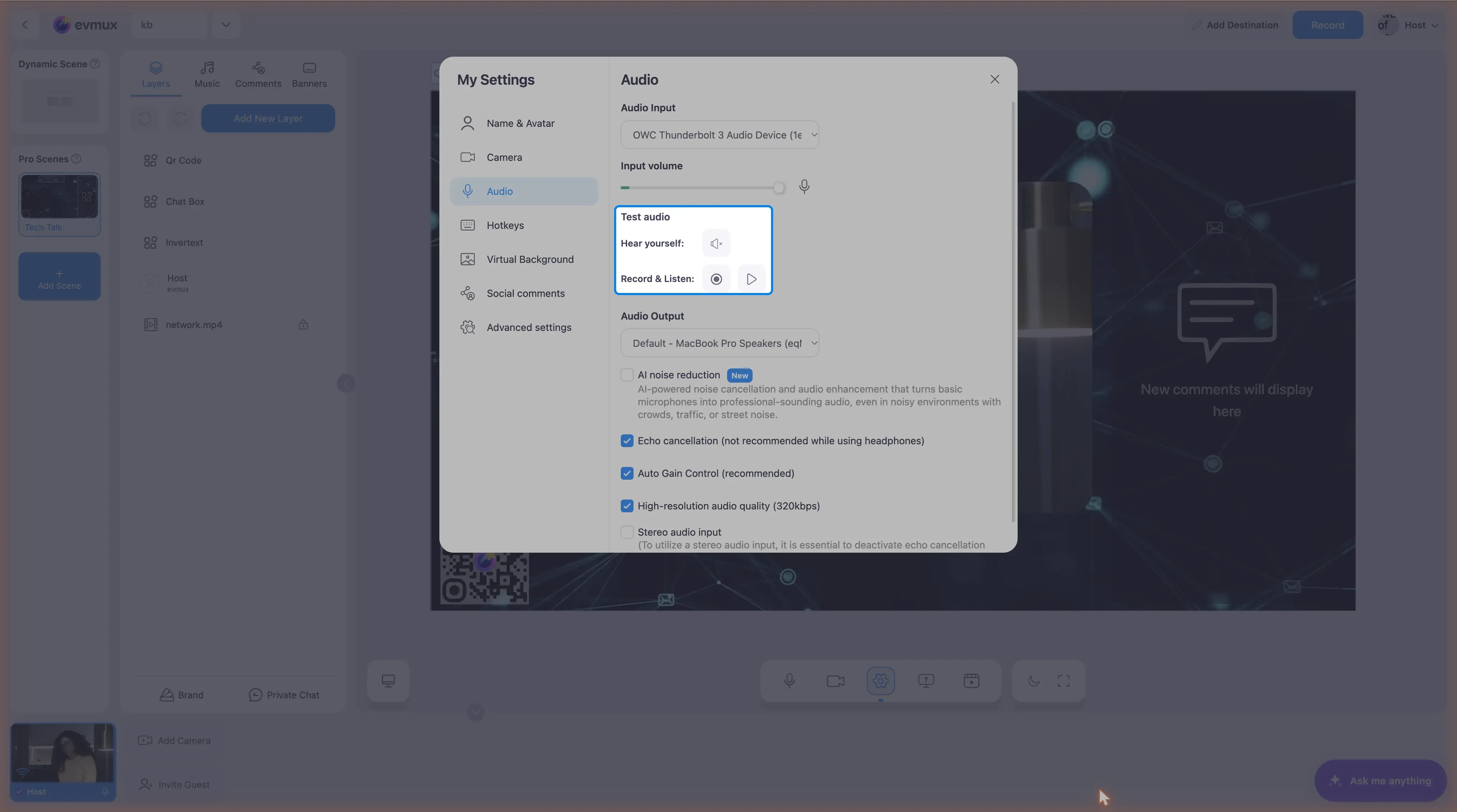 The Audio settings with the Test audio section highlighted: Hear yourself and Record & Listen rows, above Audio Output and the processing options