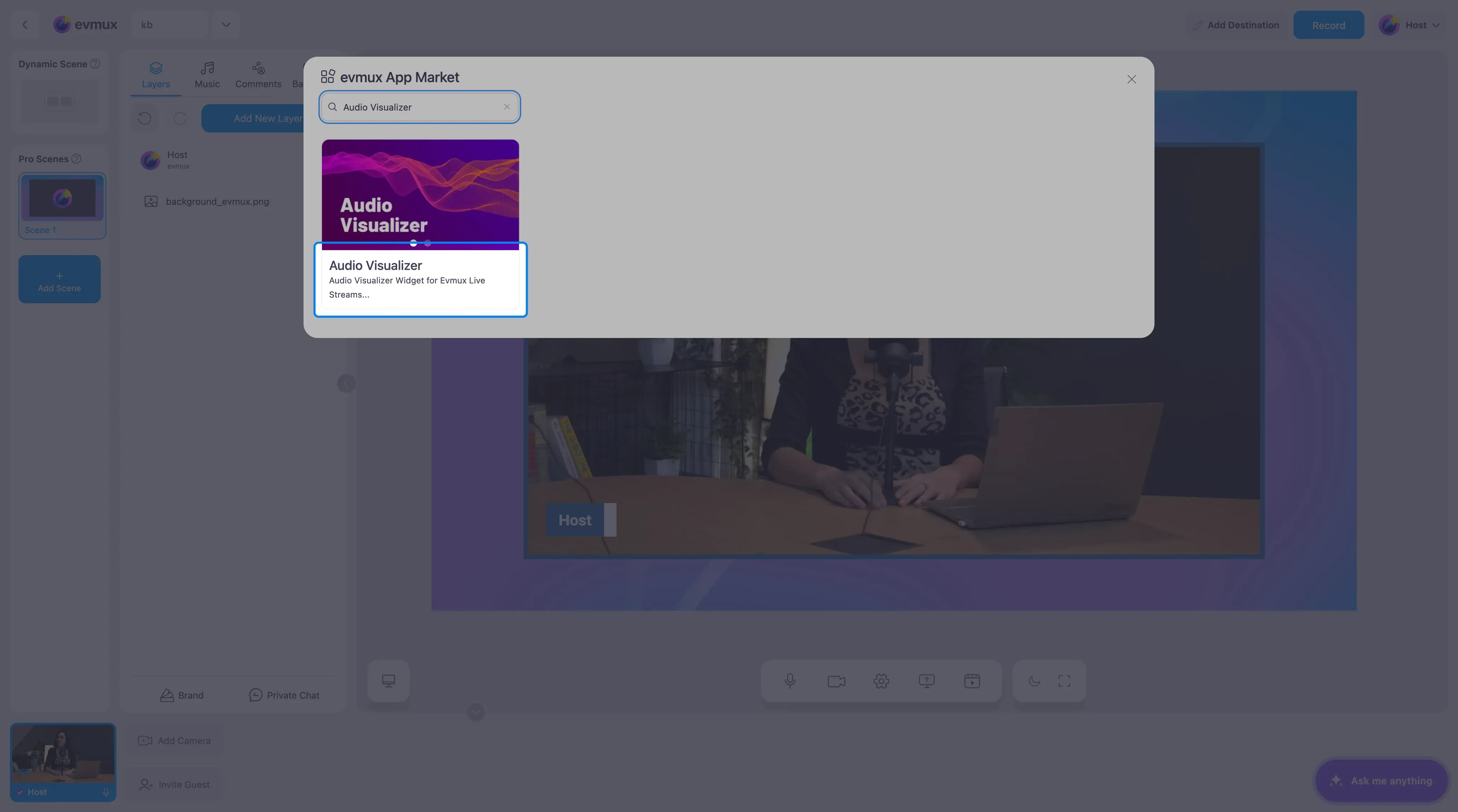 O App Market do evmux filtrado para o card do Audio Visualizer, destacado