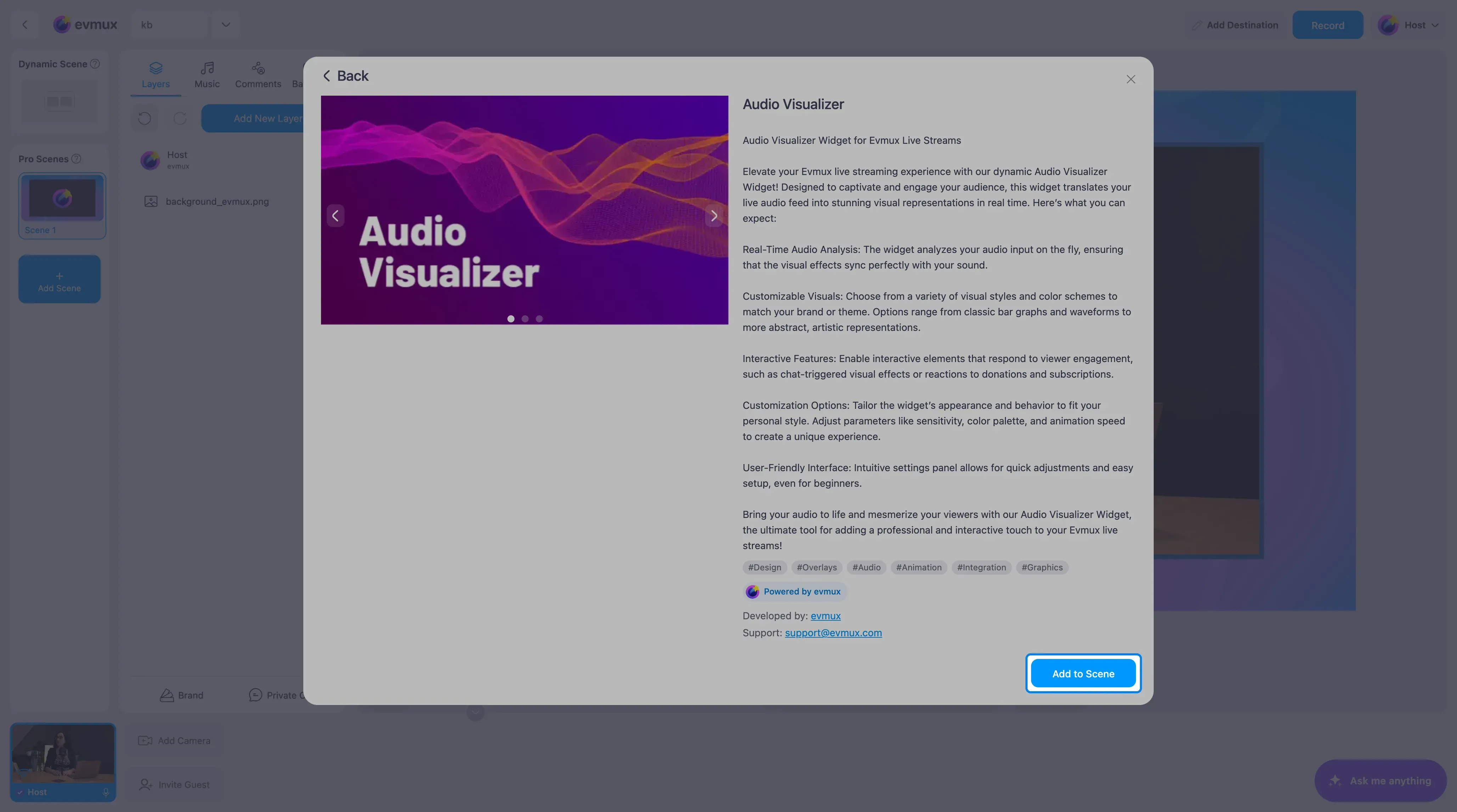 A página do app Audio Visualizer com o botão Add to Scene destacado