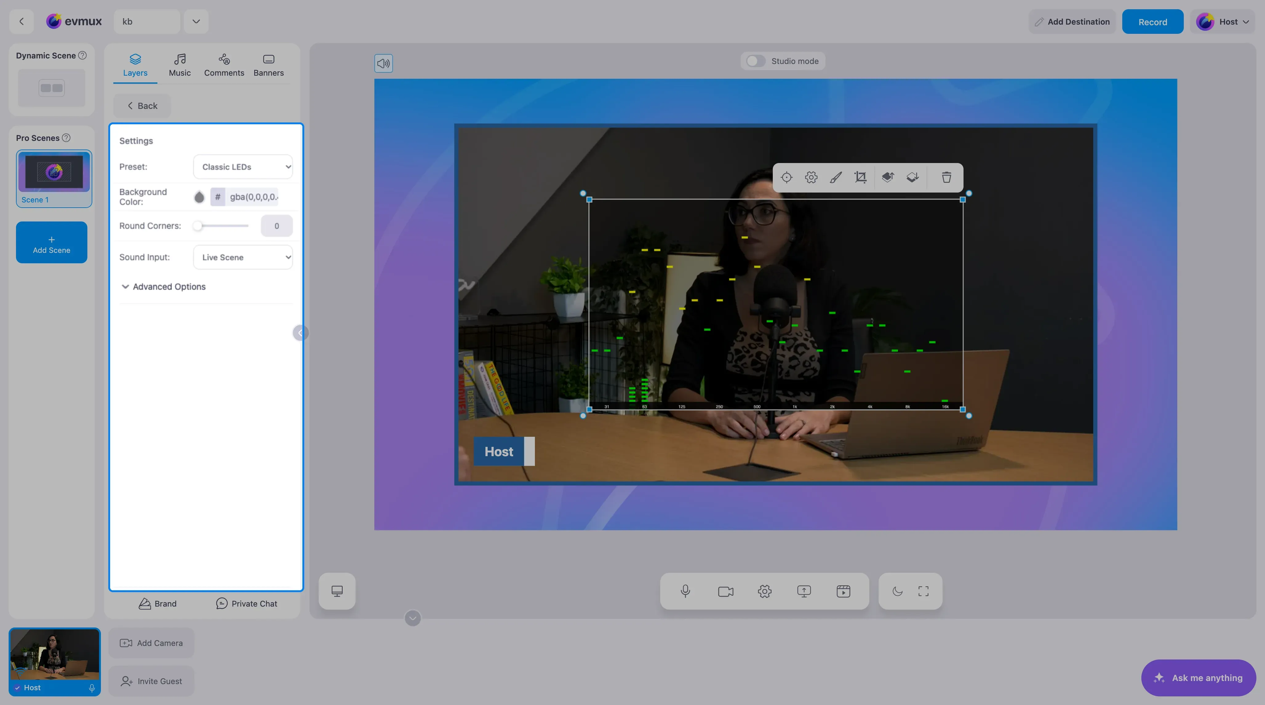 O widget Audio Visualizer na cena, com o painel de configurações destacado