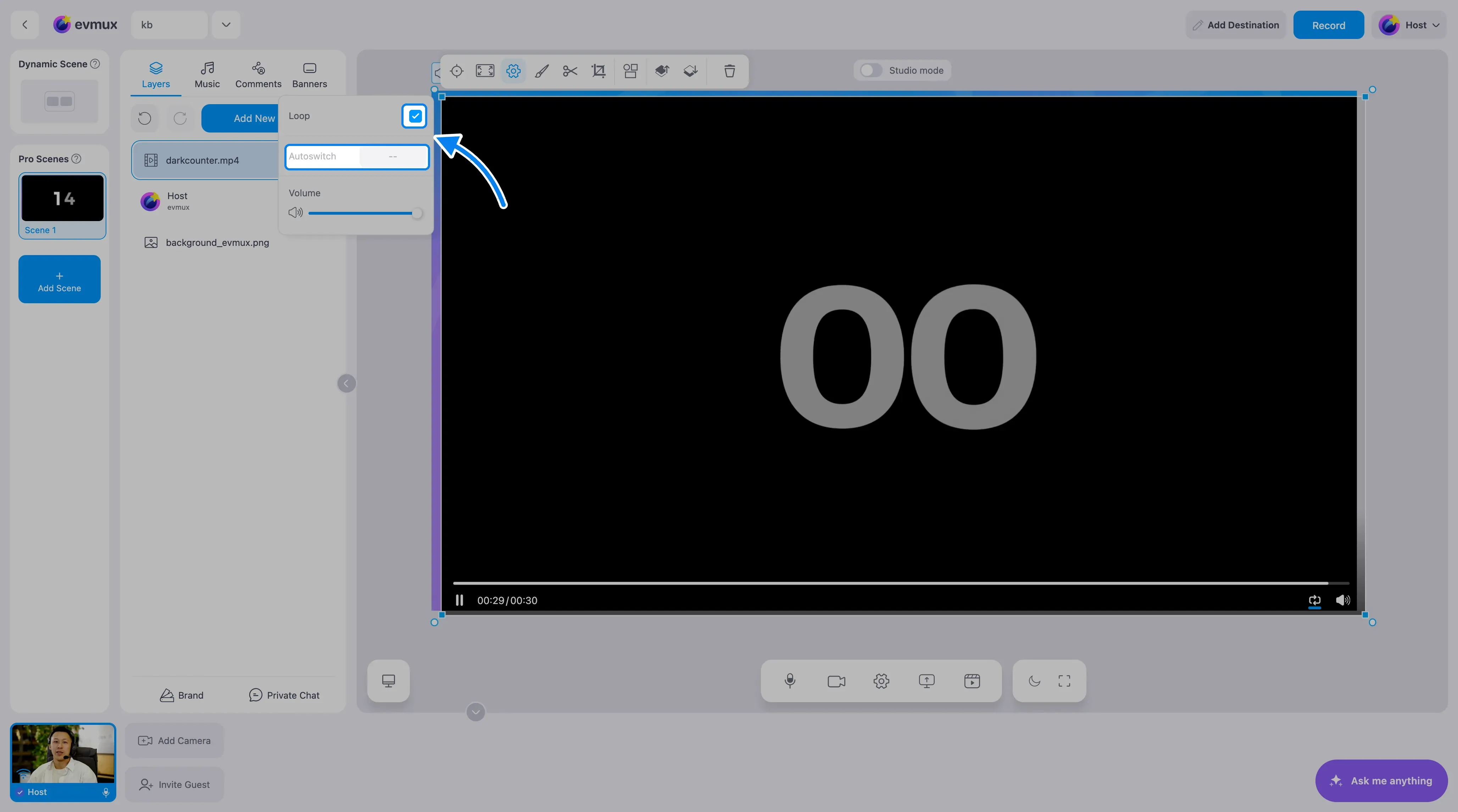 O menu da engrenagem com Loop marcado e a linha Autoswitch acinzentada, os dois destacados