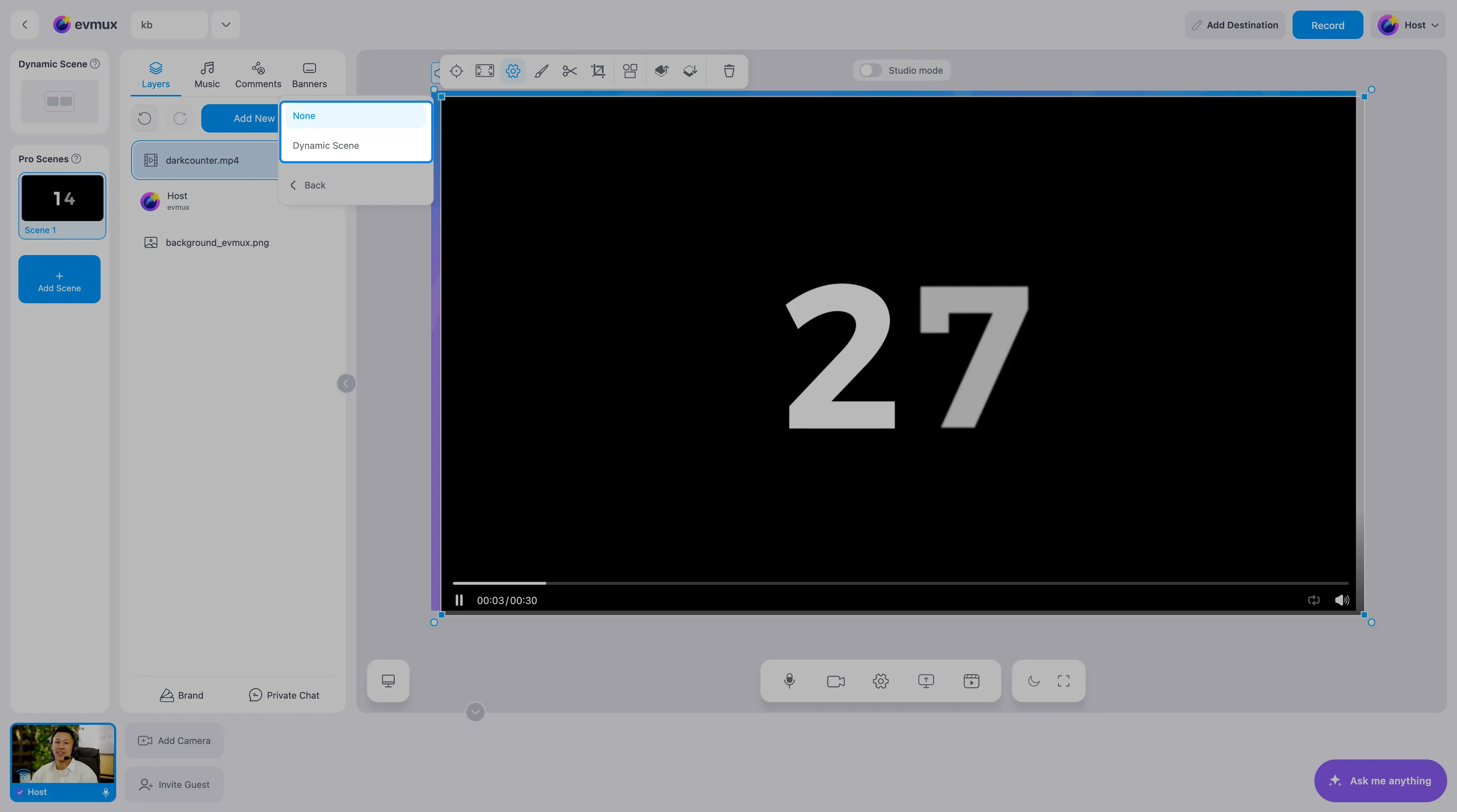 A lista de cenas do Autoswitch destacada: None, Dynamic Scene e um link Back. Outras cenas Pro aparecem aqui depois que você as cria