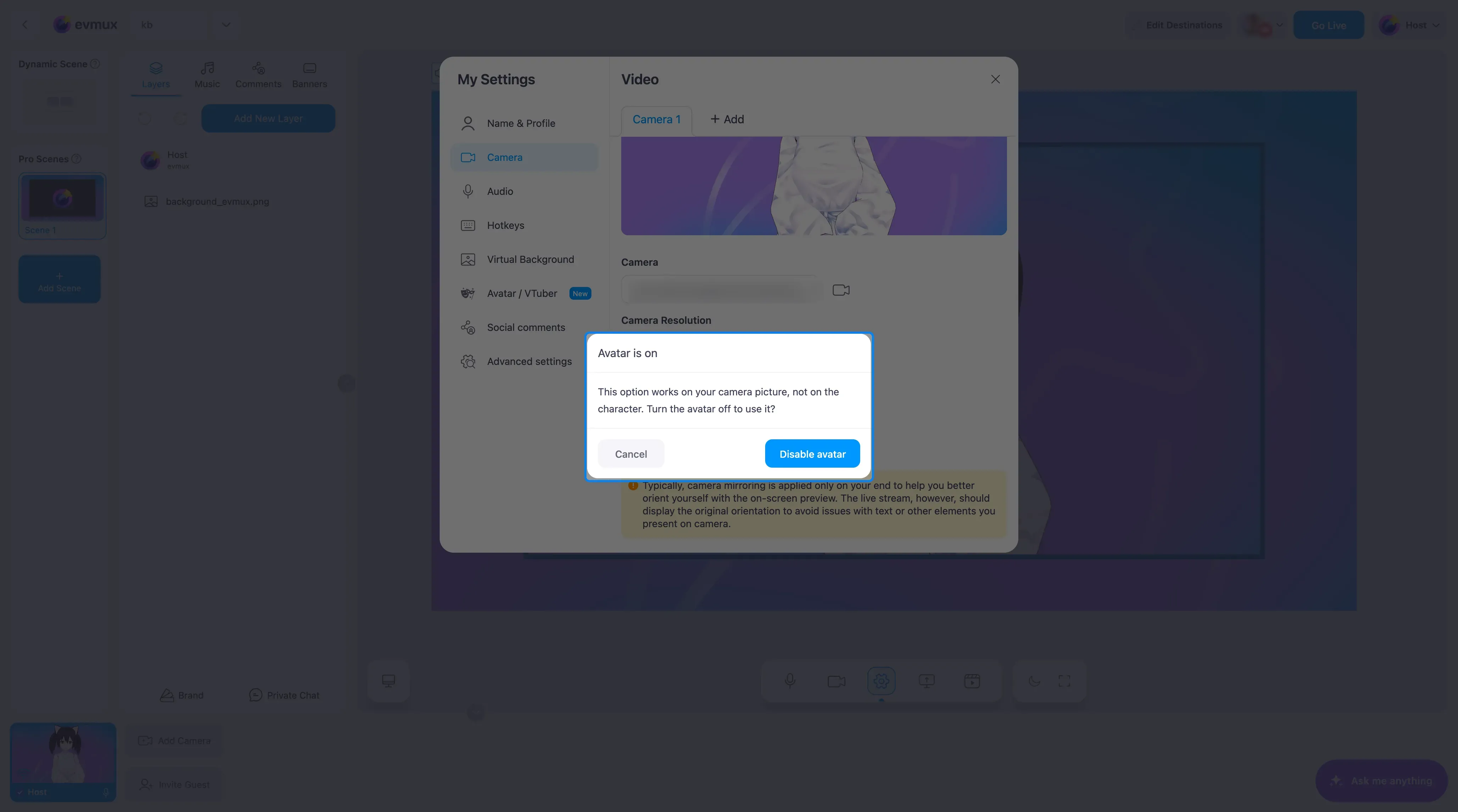 El diálogo Avatar is on en los ajustes de Camera con los botones Cancel y Disable avatar, resaltados