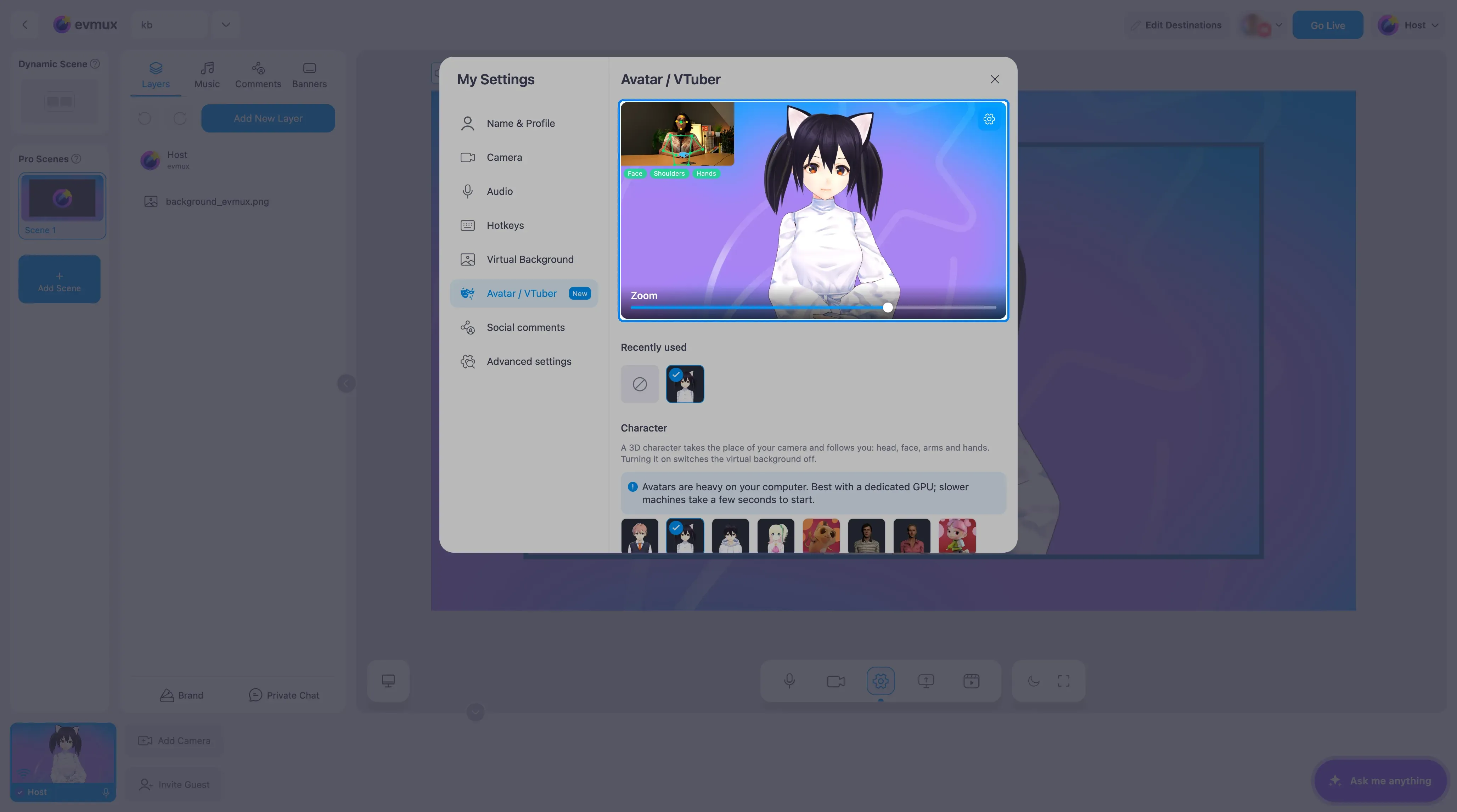 La vista previa en vivo del avatar con la pequeña vista de seguimiento, las etiquetas Face, Shoulders y Hands y el control deslizante Zoom, resaltados