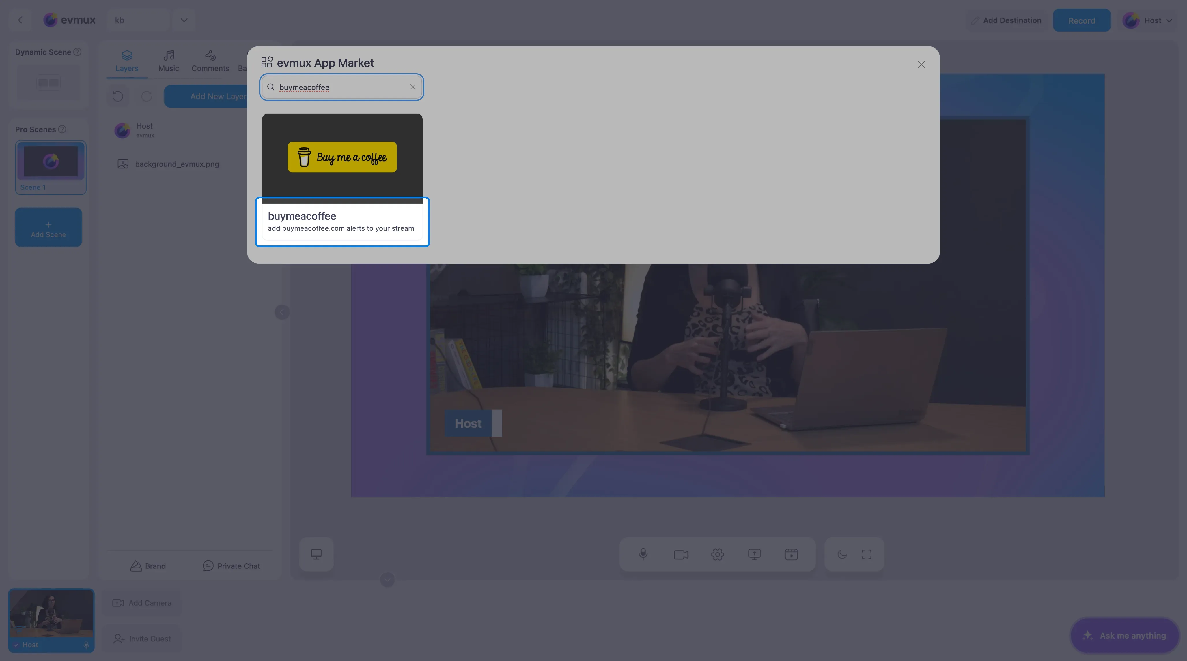 O App Market do evmux filtrado no card buymeacoffee, destacado