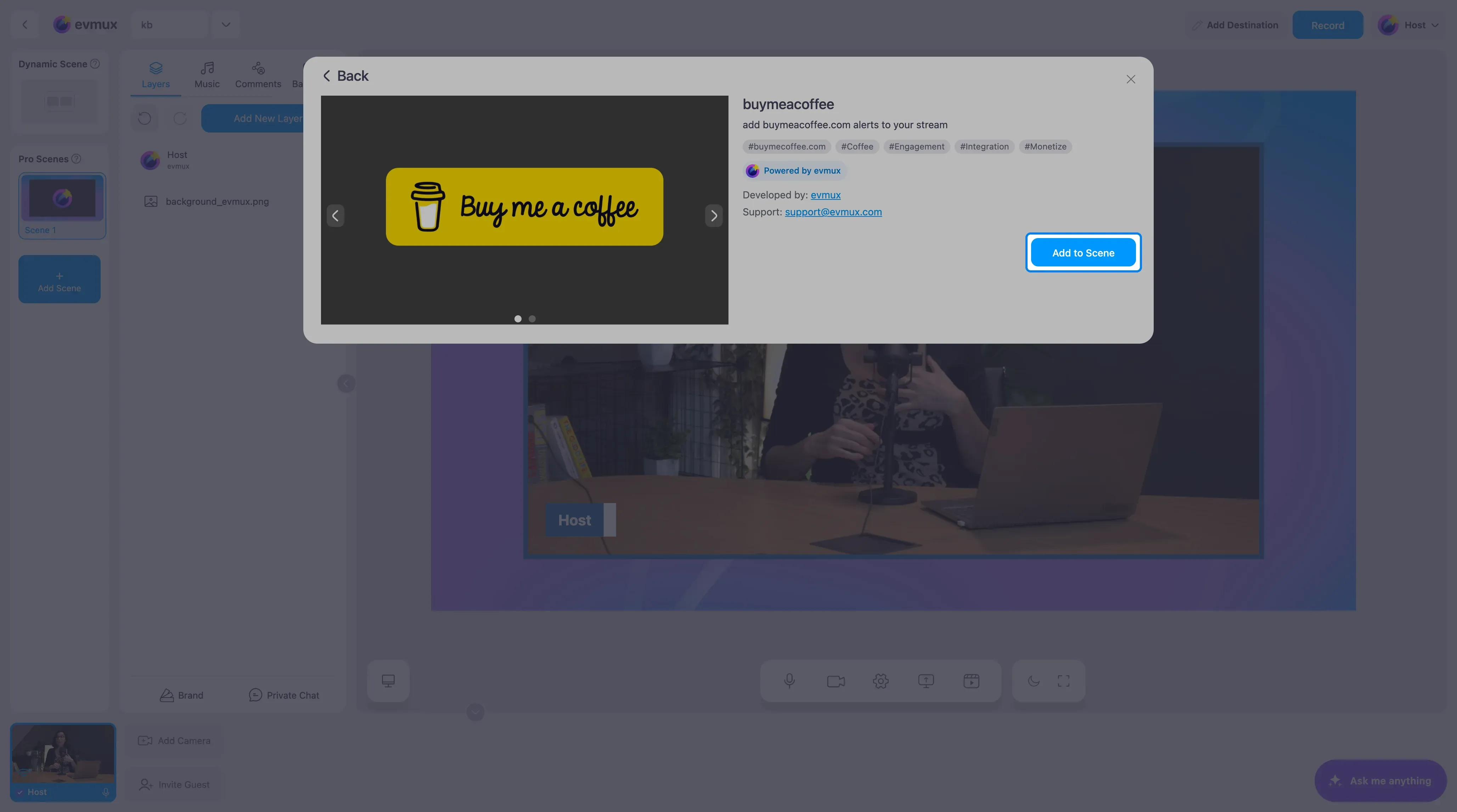 A página do app buymeacoffee com o botão Add to Scene destacado