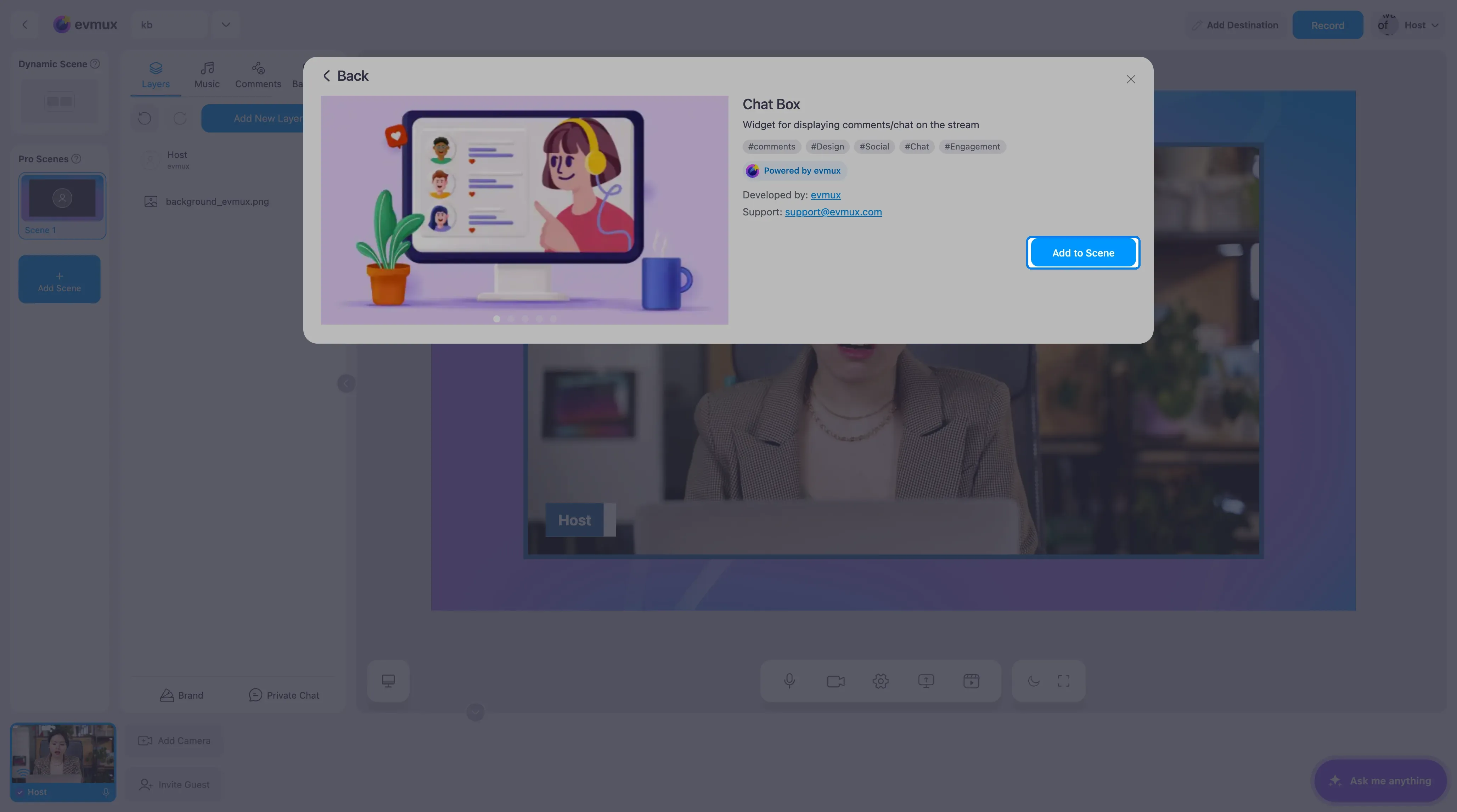 A página do app Chat Box com o botão Add to Scene destacado