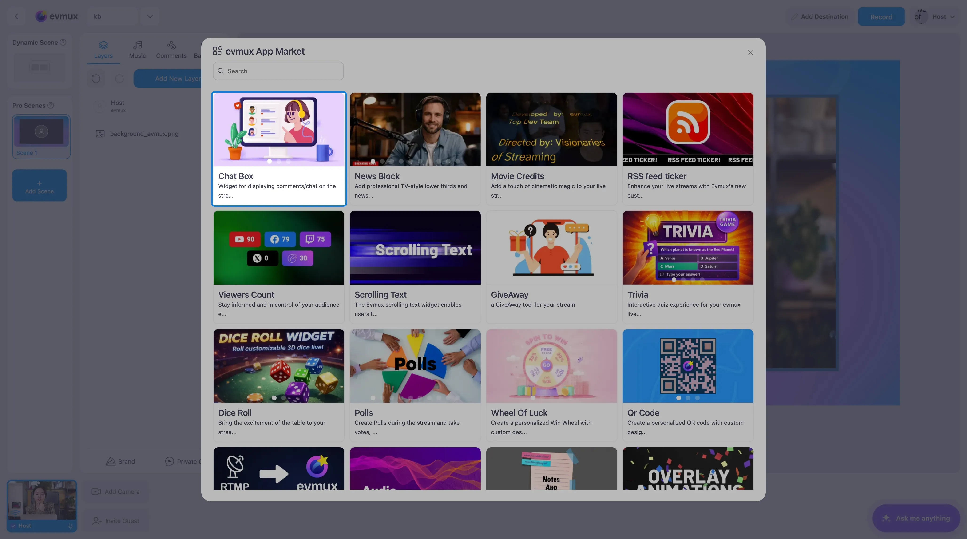 O evmux App Market com o card Chat Box destacado