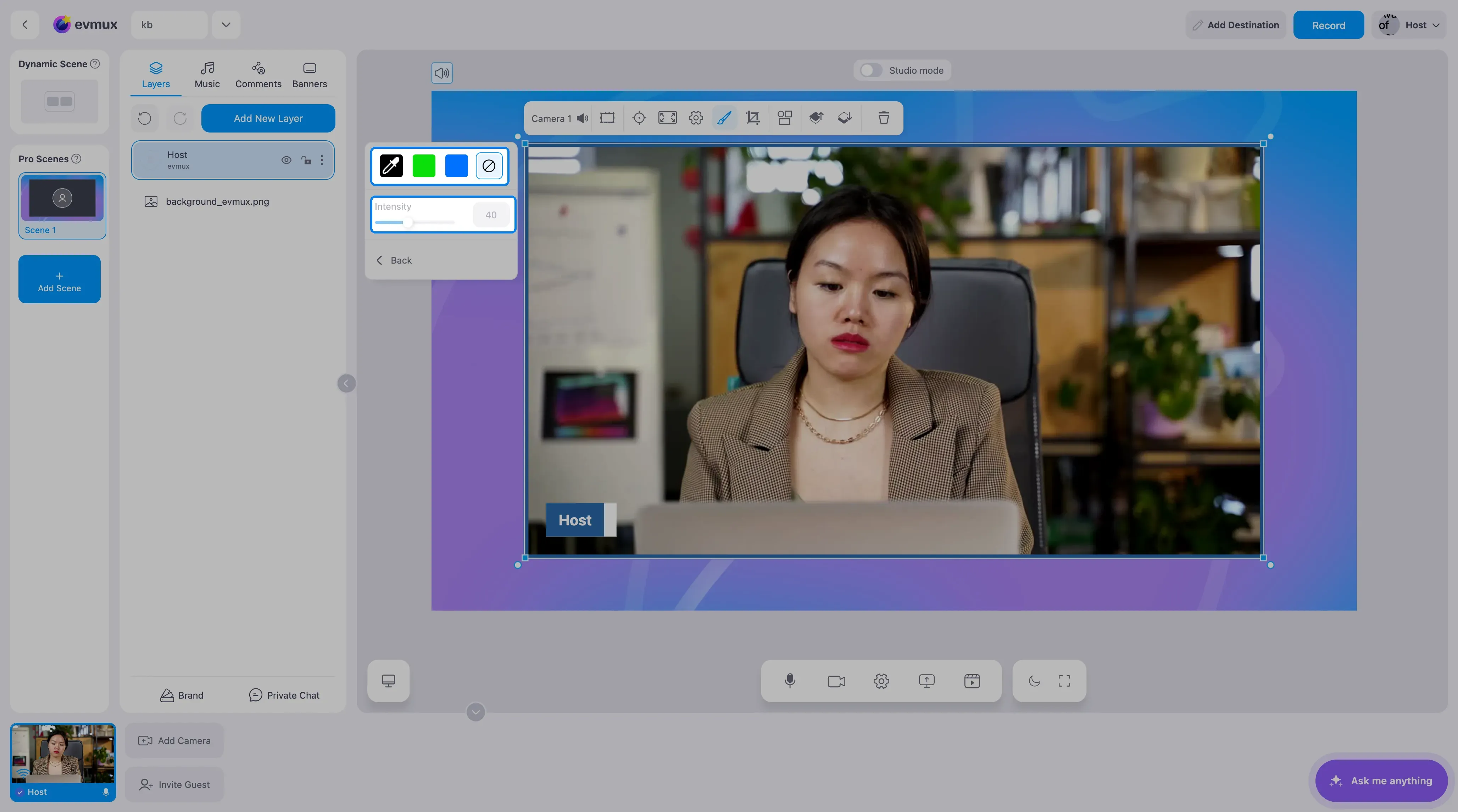 As opções de chroma key dentro do dropper do pincel