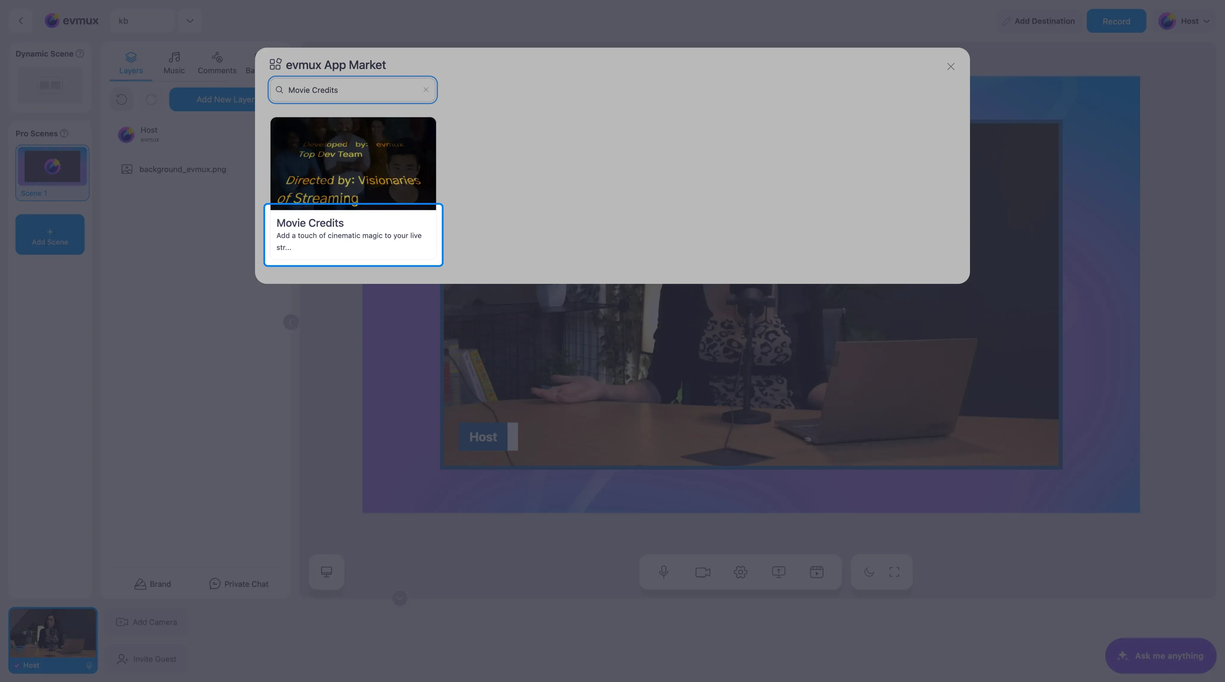 The evmux App Market filtered to the Movie Credits card, highlighted