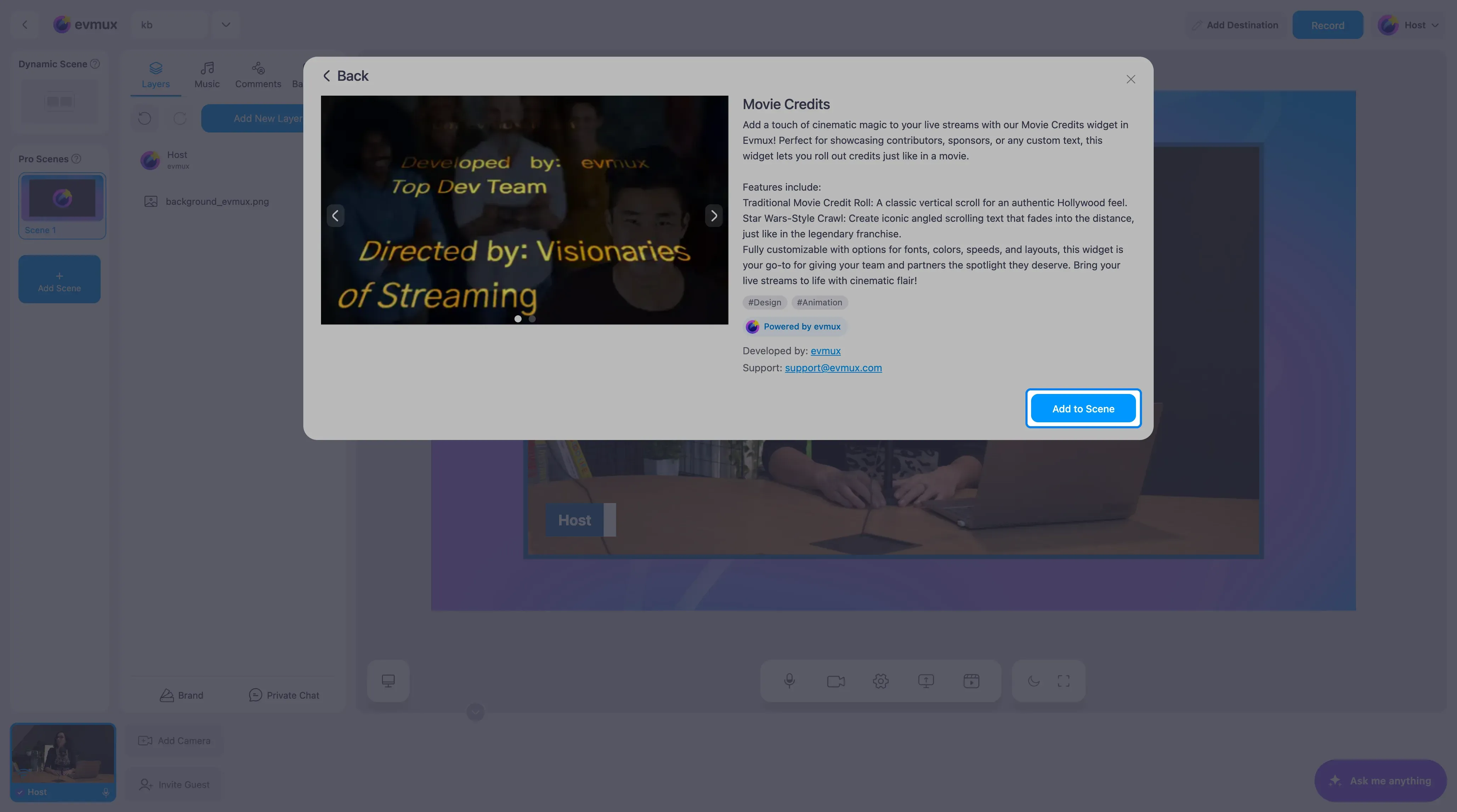 The Movie Credits app page with the Add to Scene button highlighted
