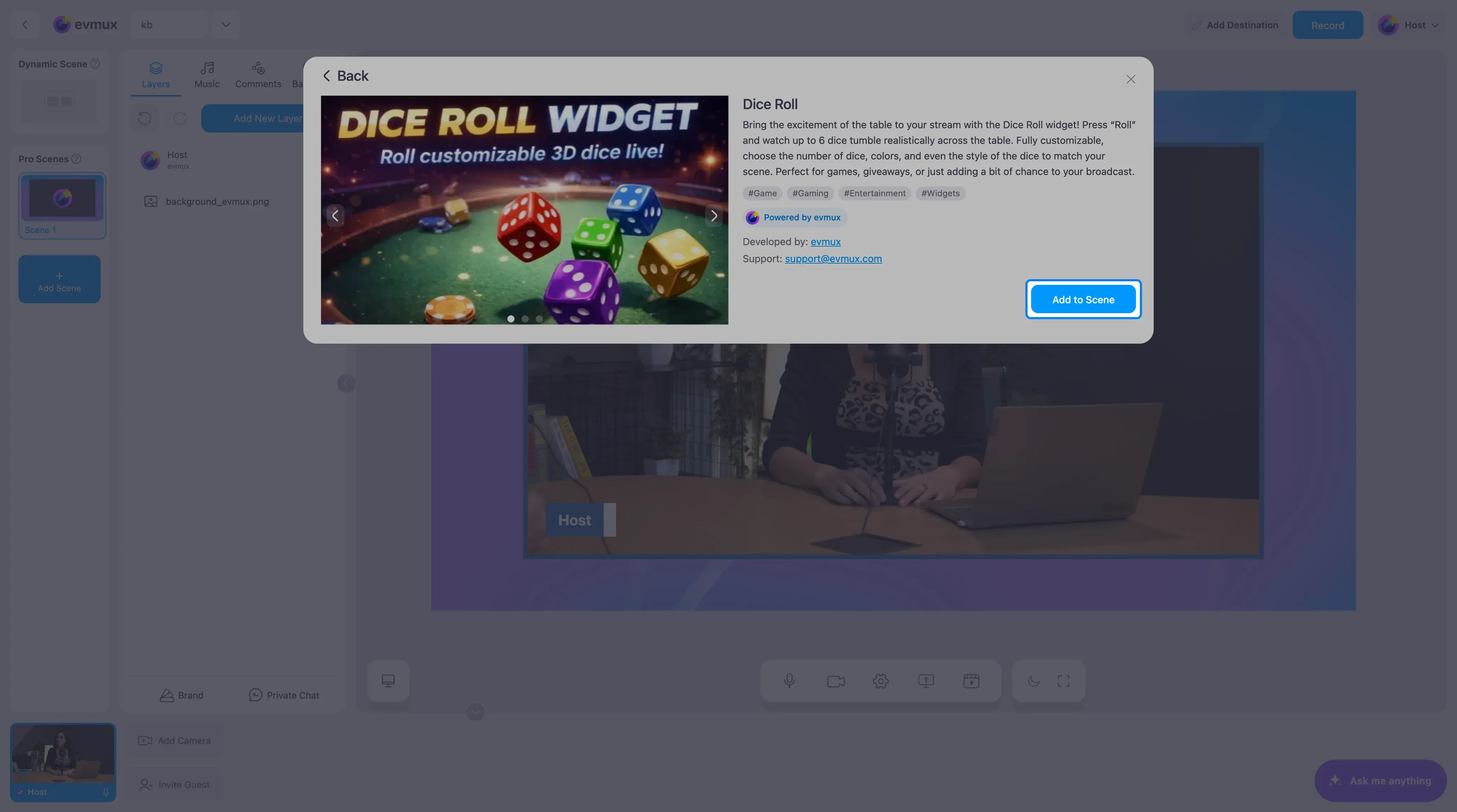 The Dice Roll app page with the Add to Scene button highlighted