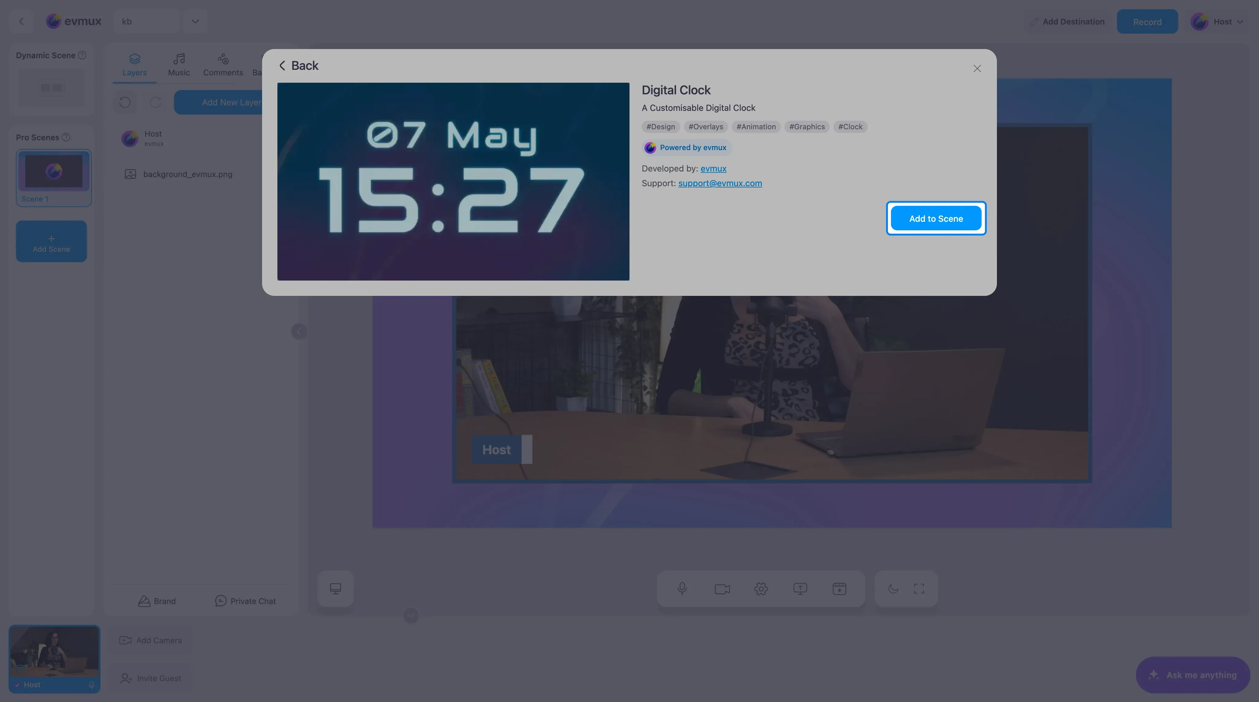 A página do app Digital Clock com o botão Add to Scene em destaque