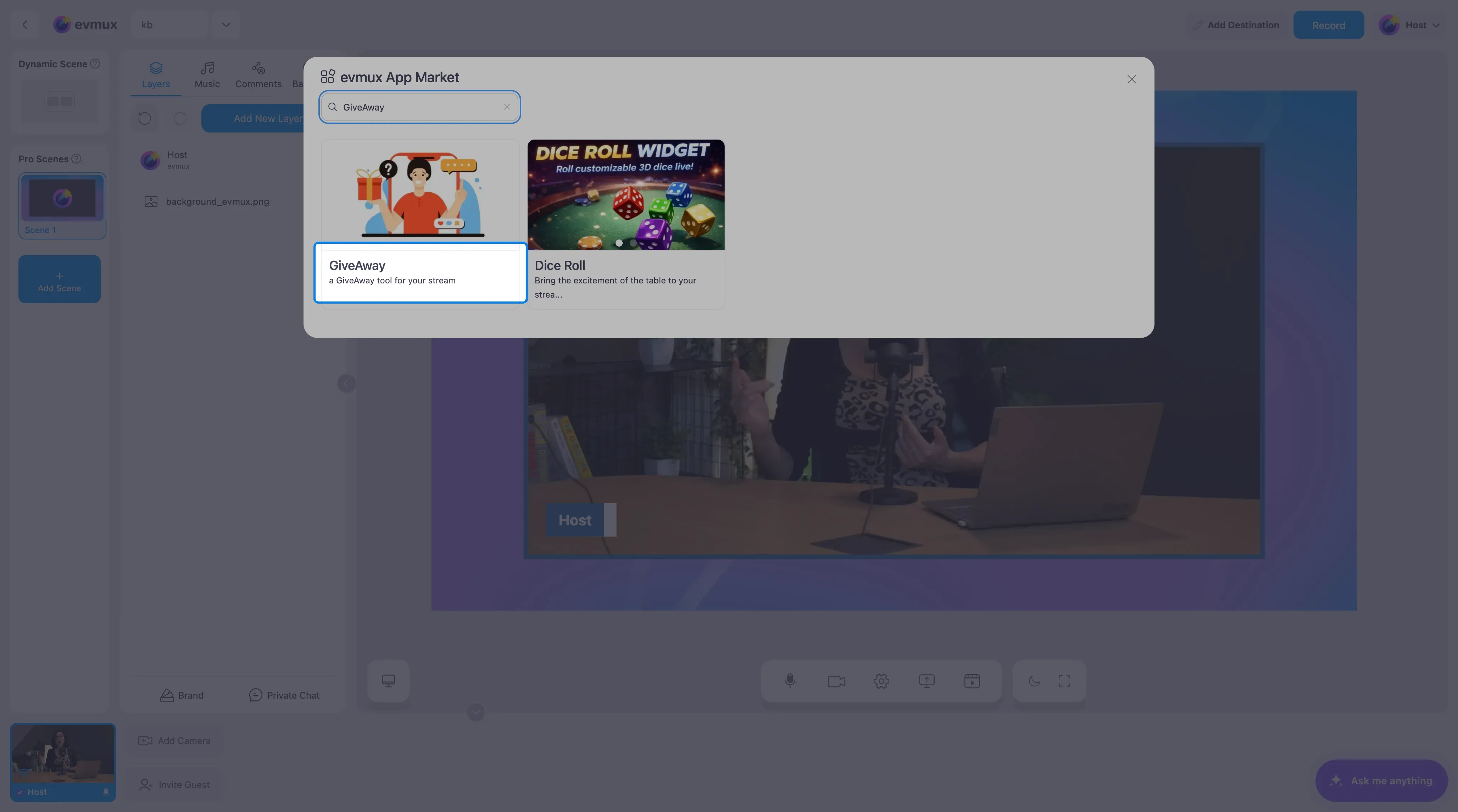 O App Market do evmux filtrado para o card do GiveAway, em destaque