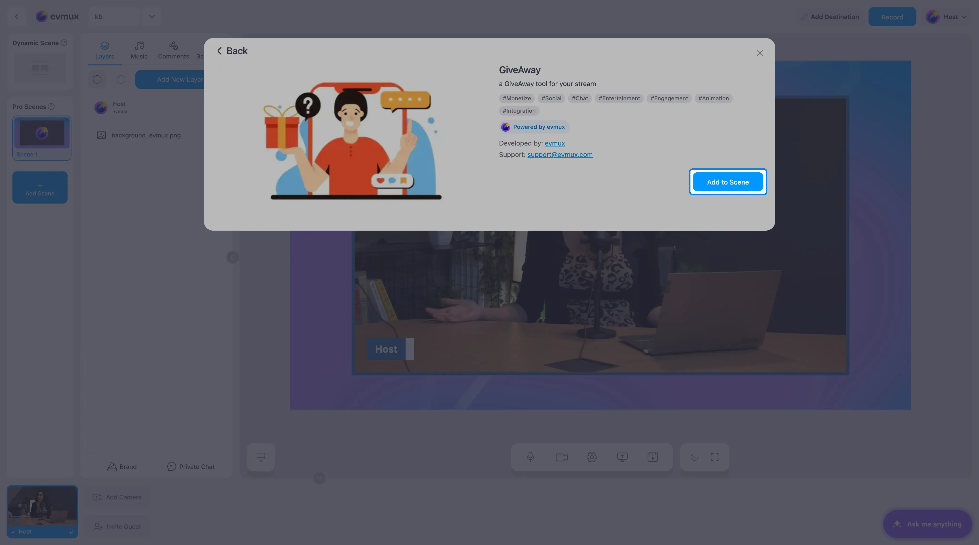 A página do app GiveAway com o botão Add to Scene em destaque