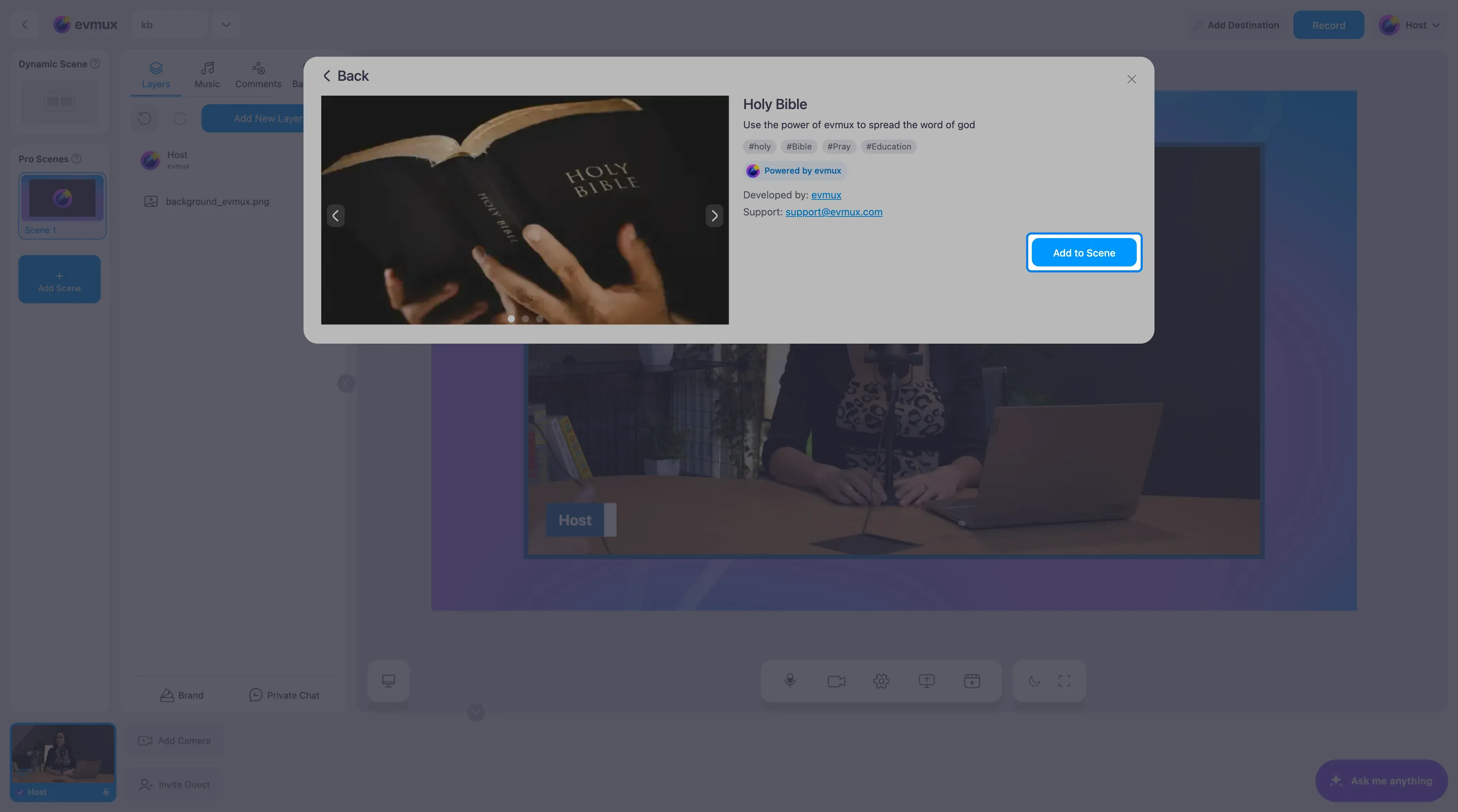 A página do app Holy Bible com o botão Add to Scene em destaque