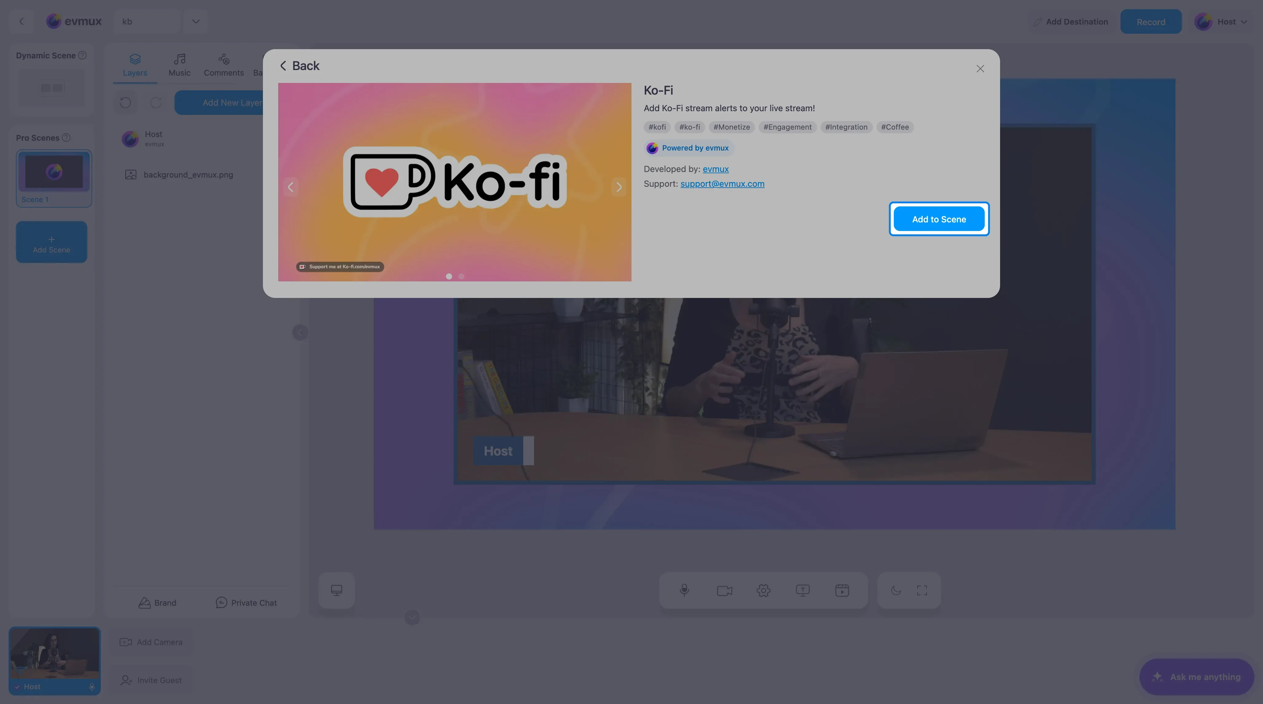 The Ko-Fi app page with the Add to Scene button highlighted