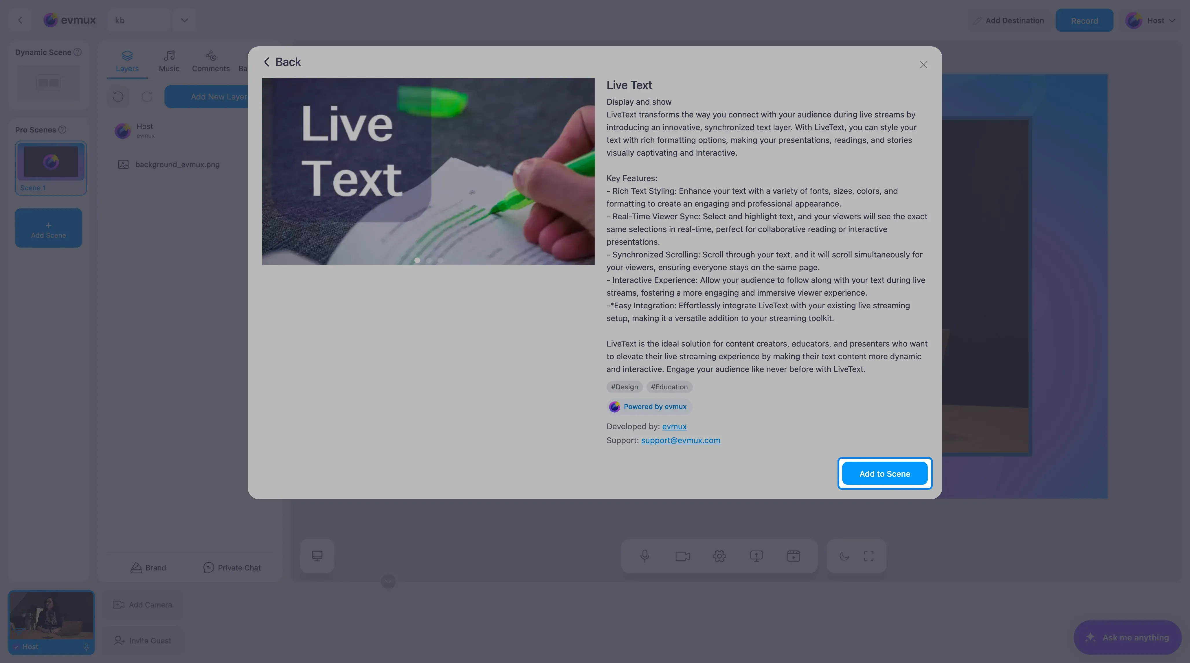 The Live Text app page with the Add to Scene button highlighted