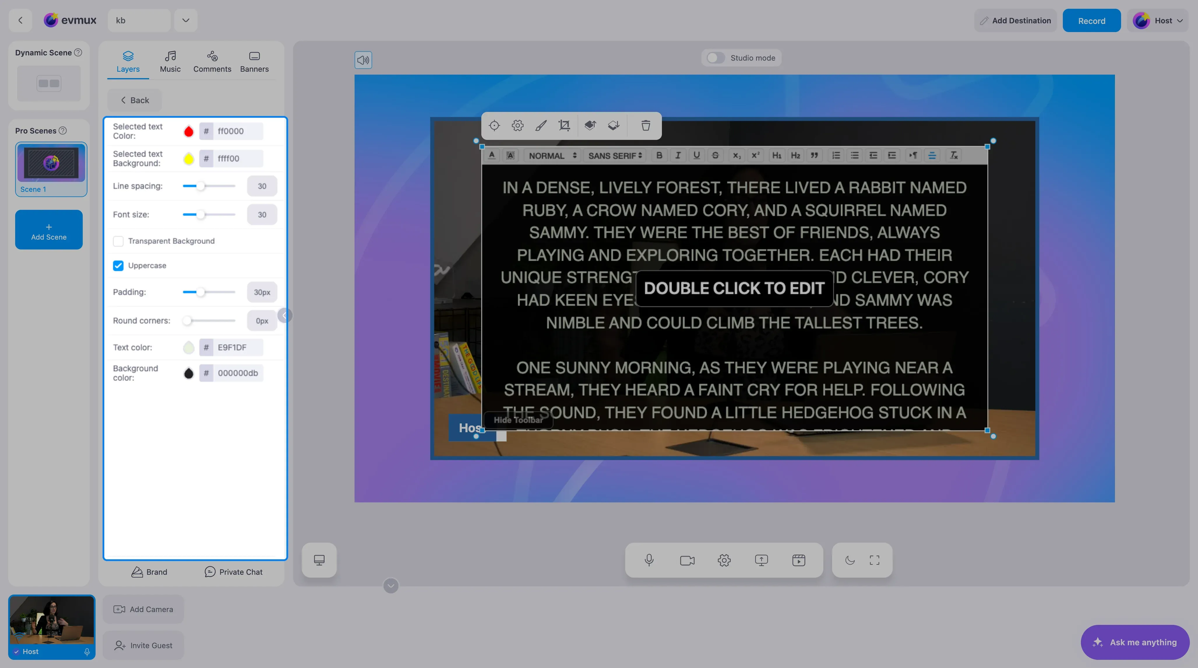 The Live Text widget on the scene with its formatting toolbar and the Double click to edit hint, and the settings panel highlighted