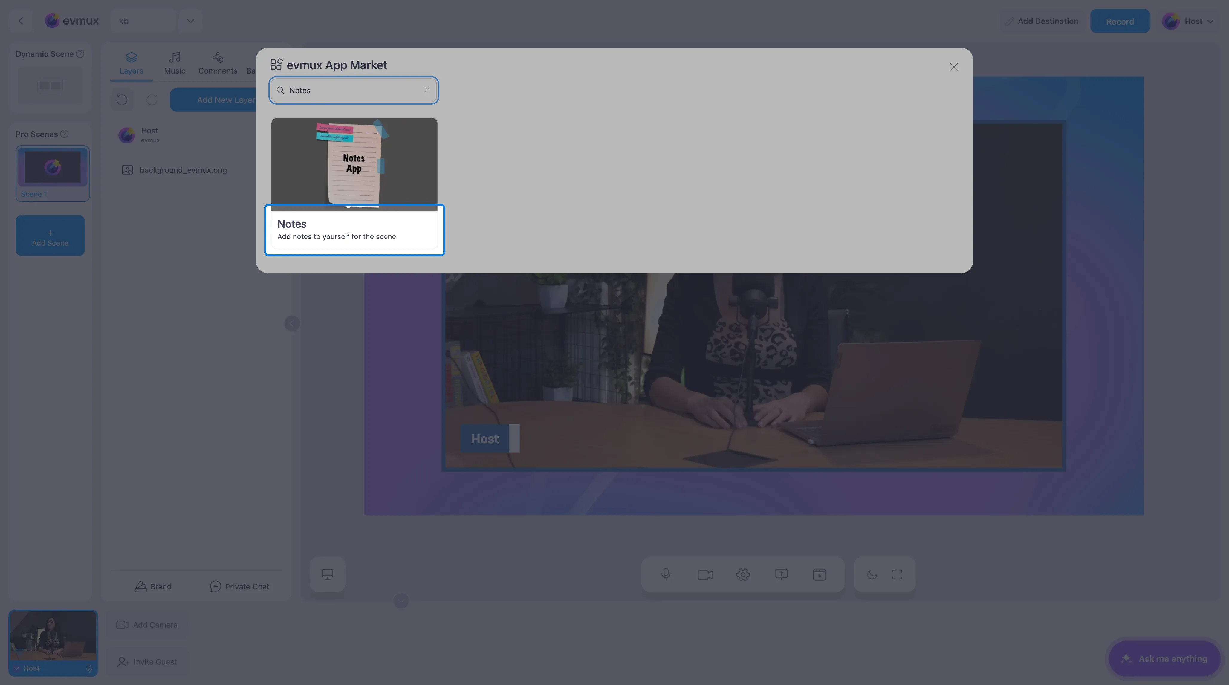 O evmux App Market filtrado para o card Notes, destacado