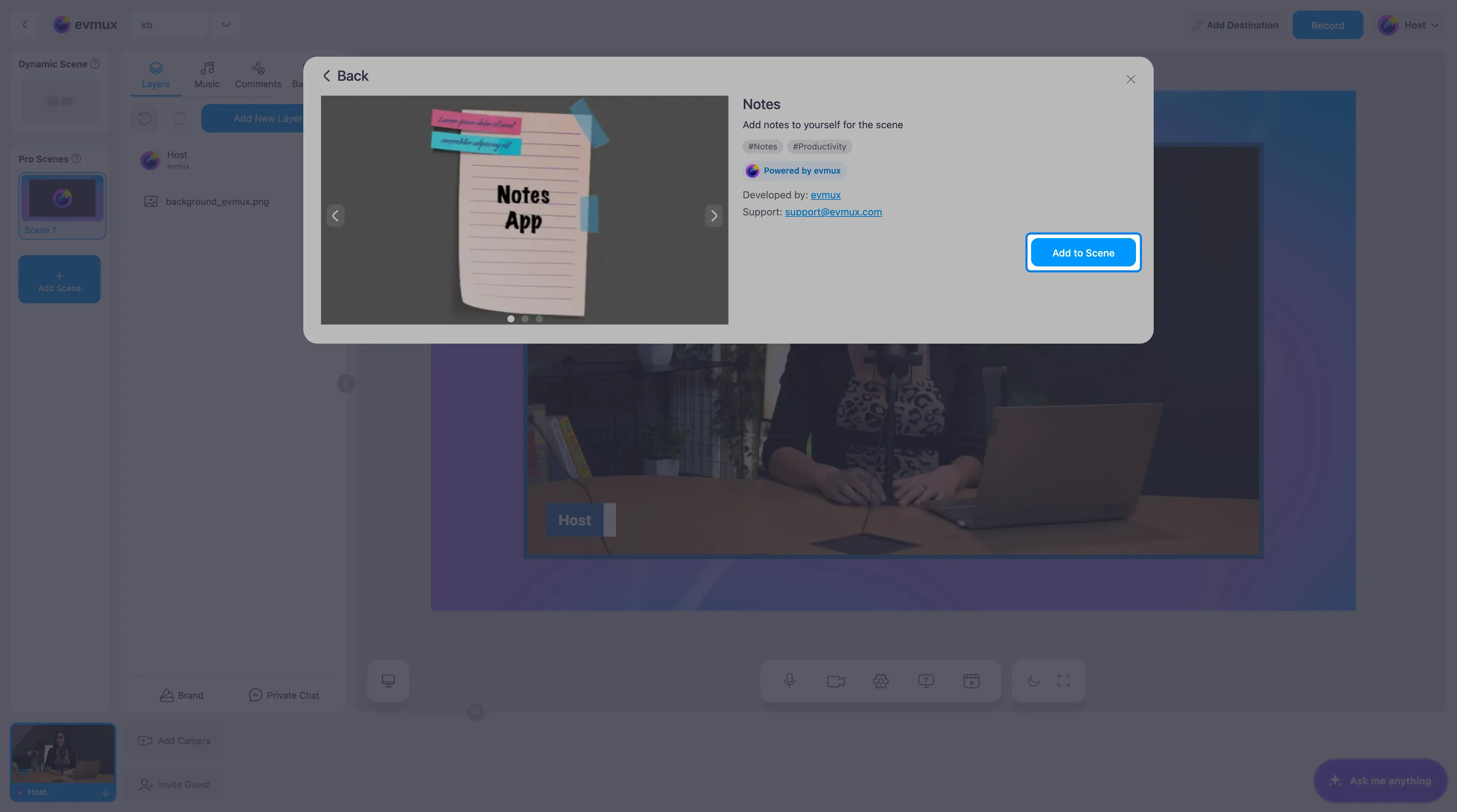 A página do app Notes com o botão Add to Scene destacado