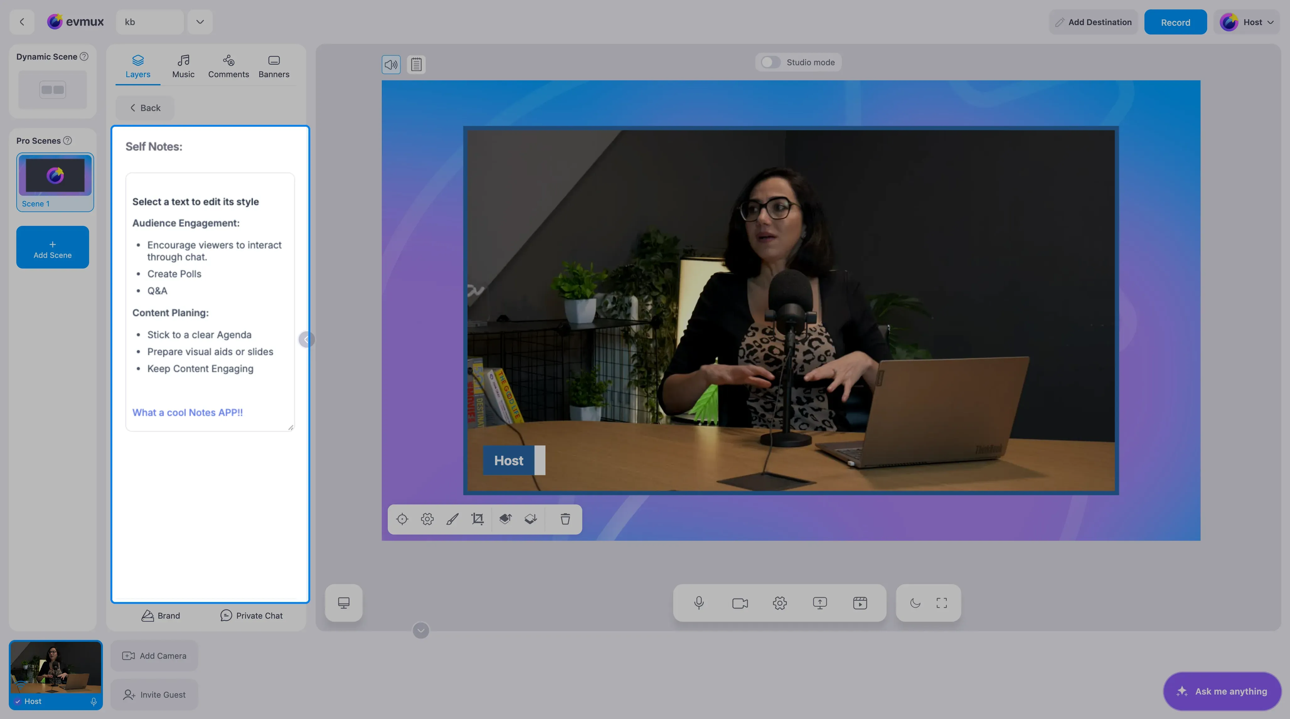 O widget Notes adicionado à cena, com o editor Self Notes destacado no painel de configurações