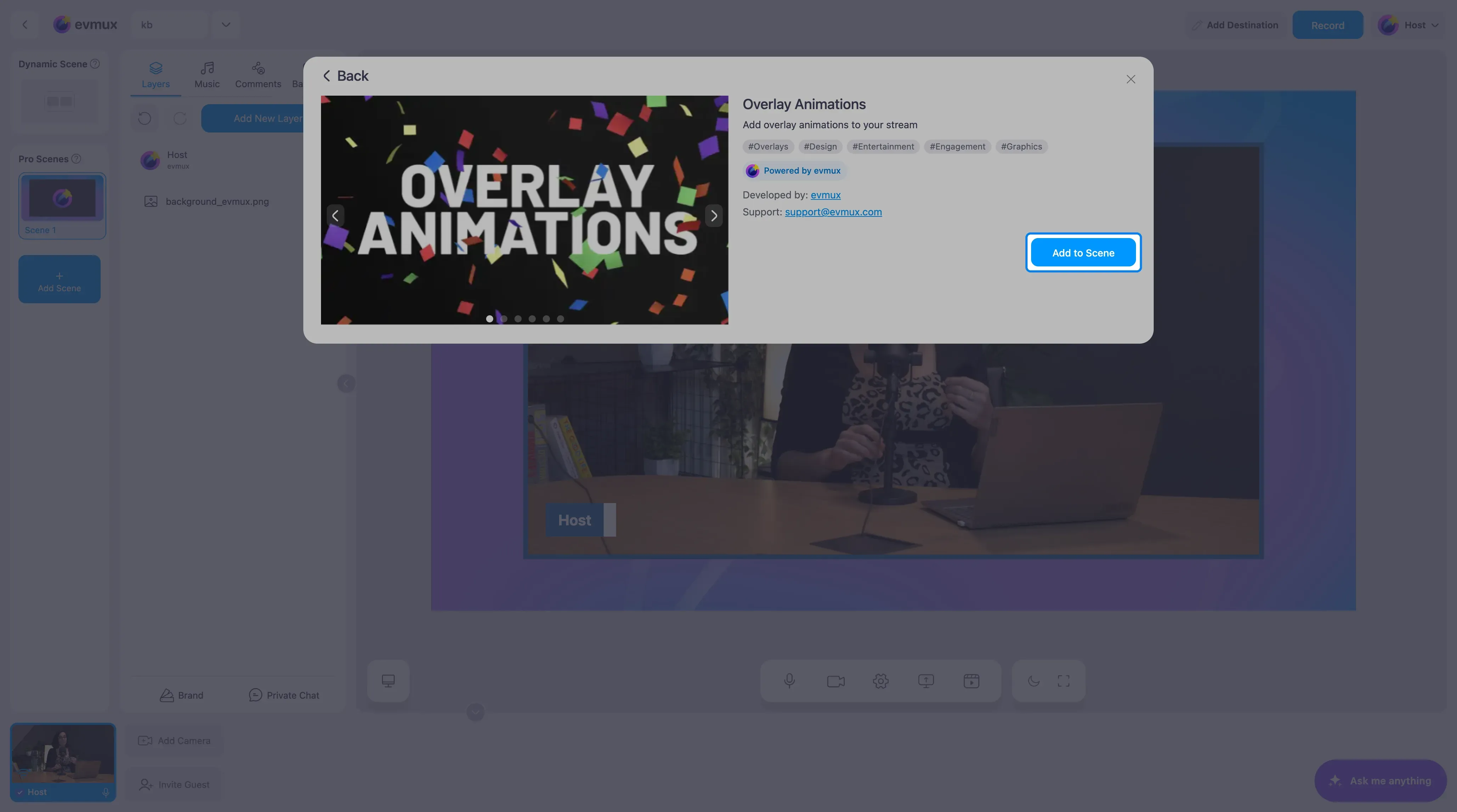 The Overlay Animations app page with the Add to Scene button highlighted