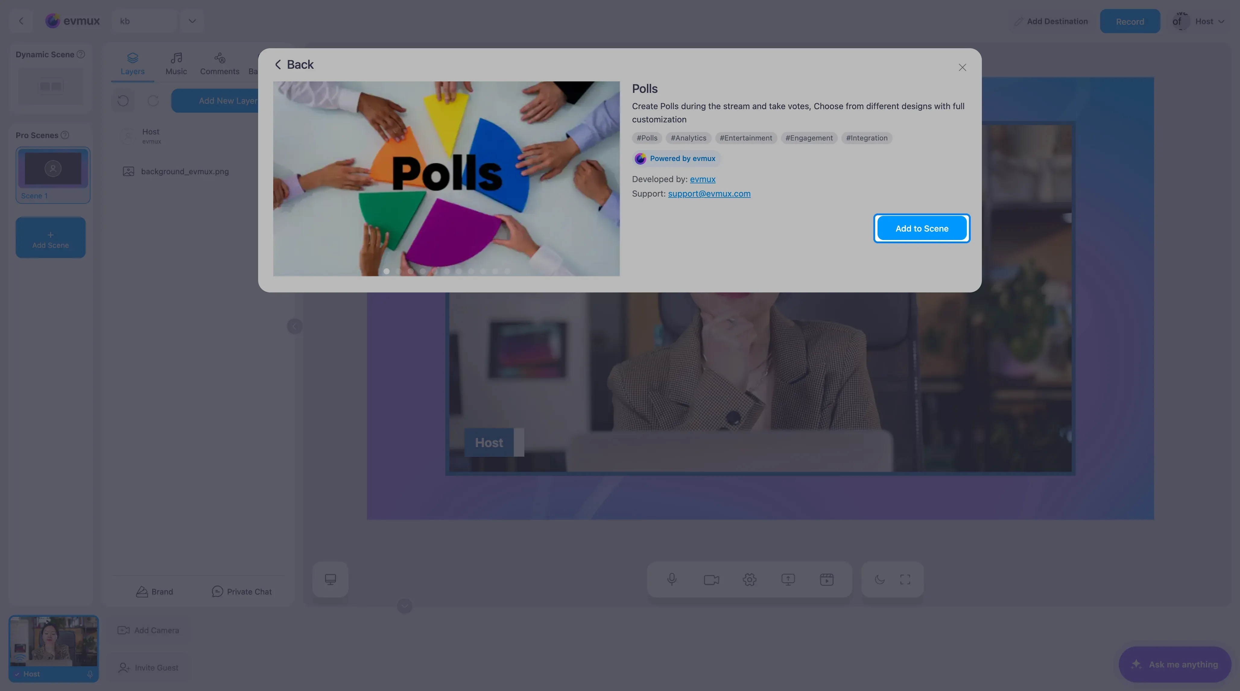 A página do app Polls com o botão Add to Scene destacado