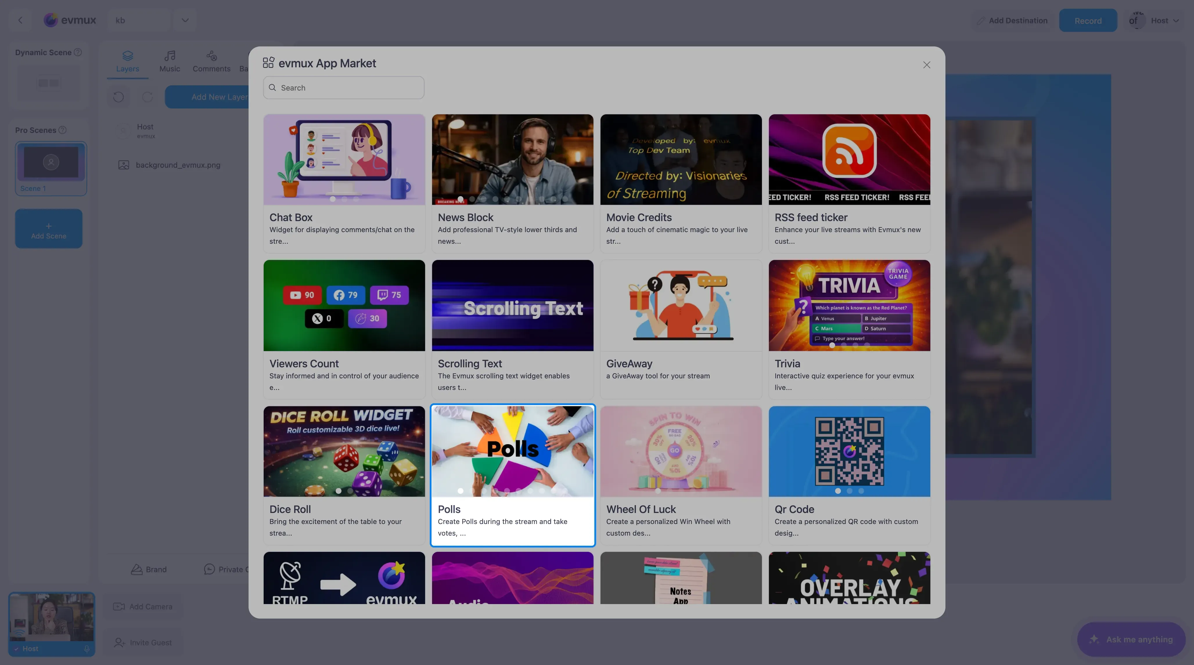 O evmux App Market com o card Polls destacado