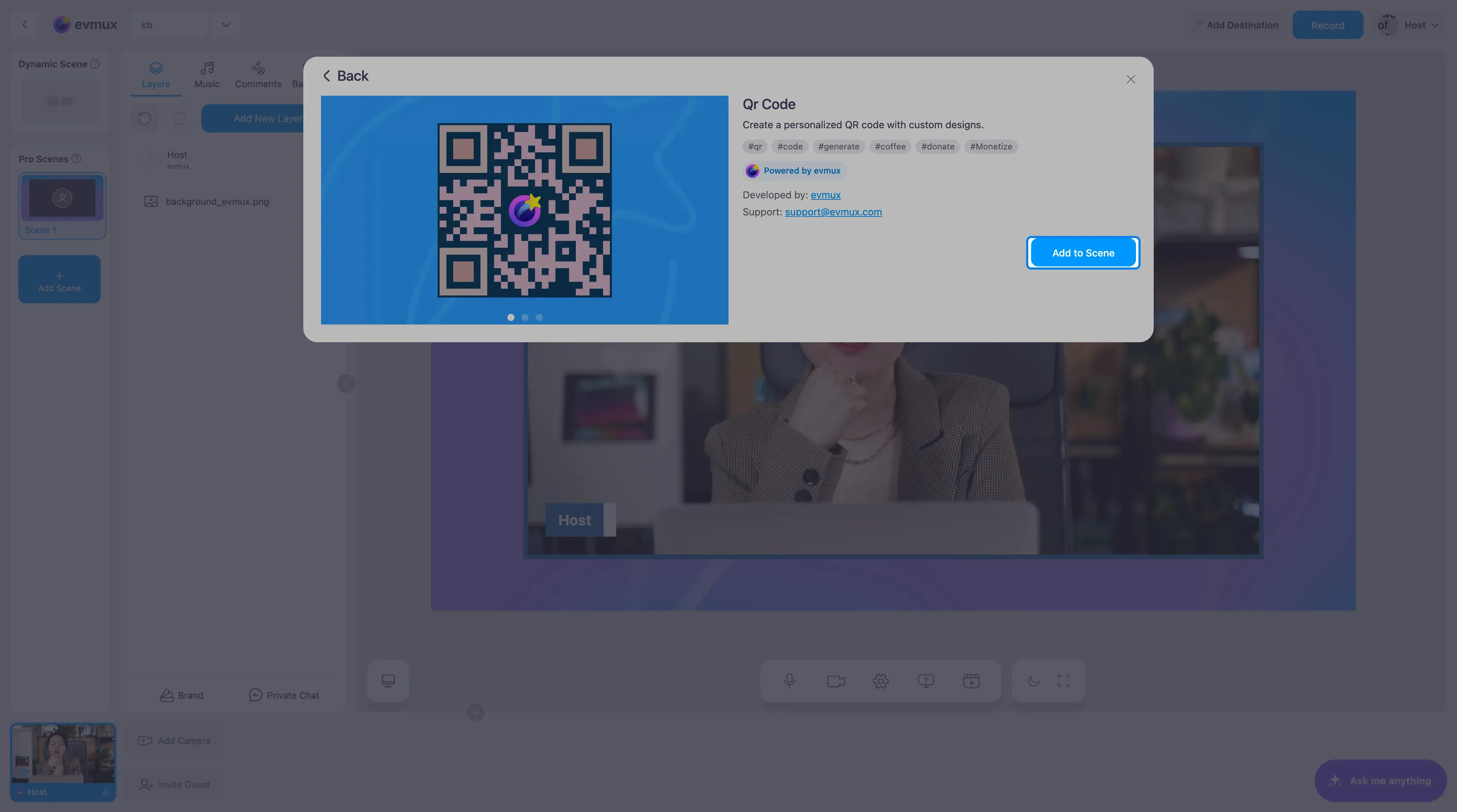 A página do app Qr Code com o botão Add to Scene destacado