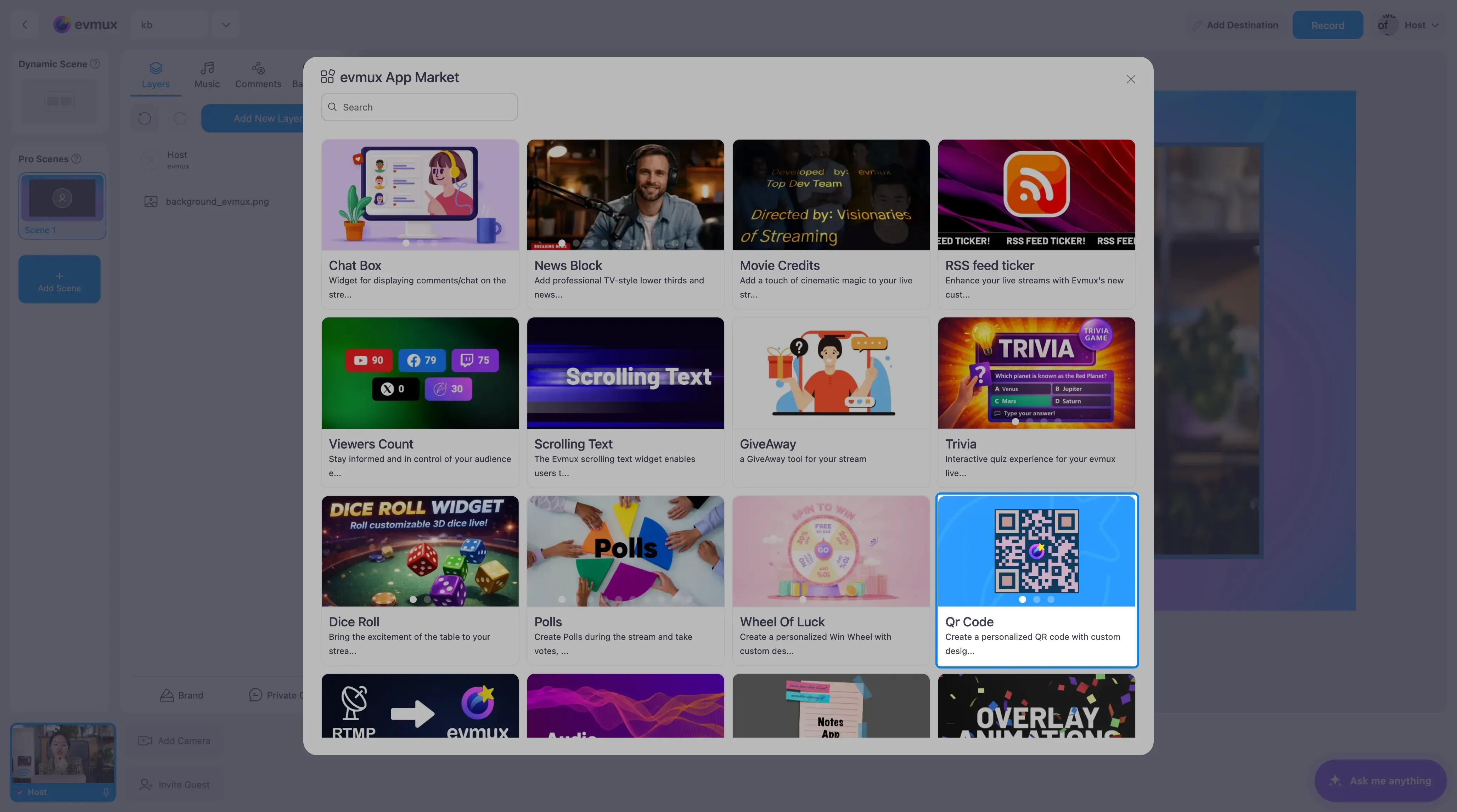 O evmux App Market com o card Qr Code destacado