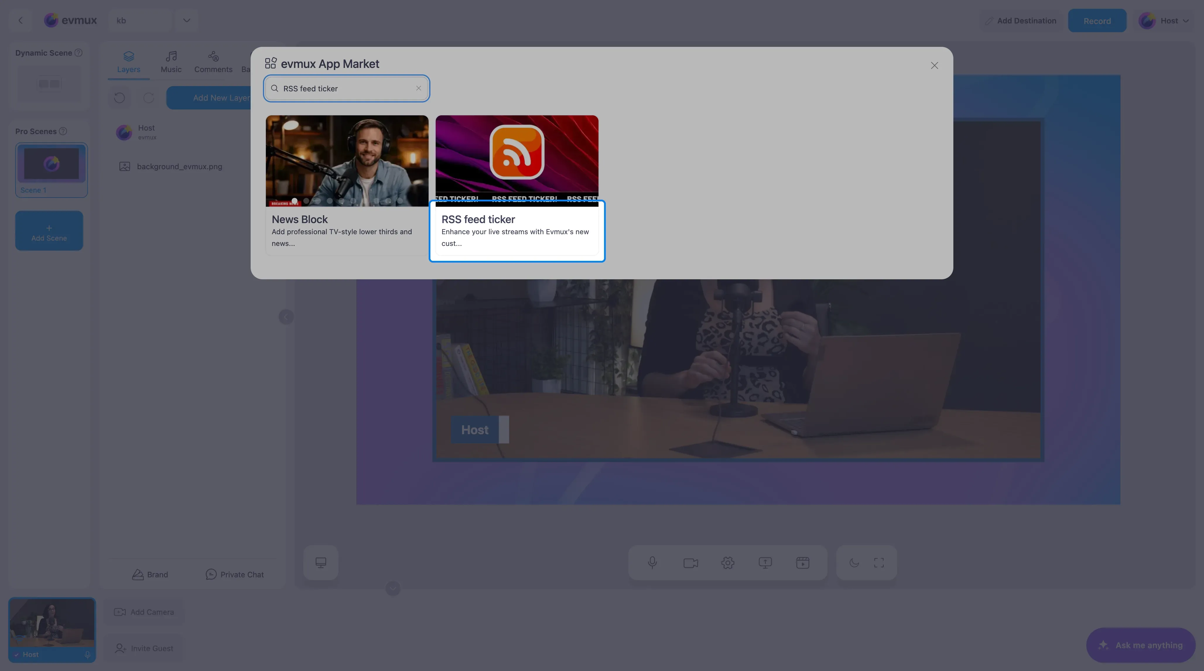 O evmux App Market filtrado para o card RSS feed ticker, destacado