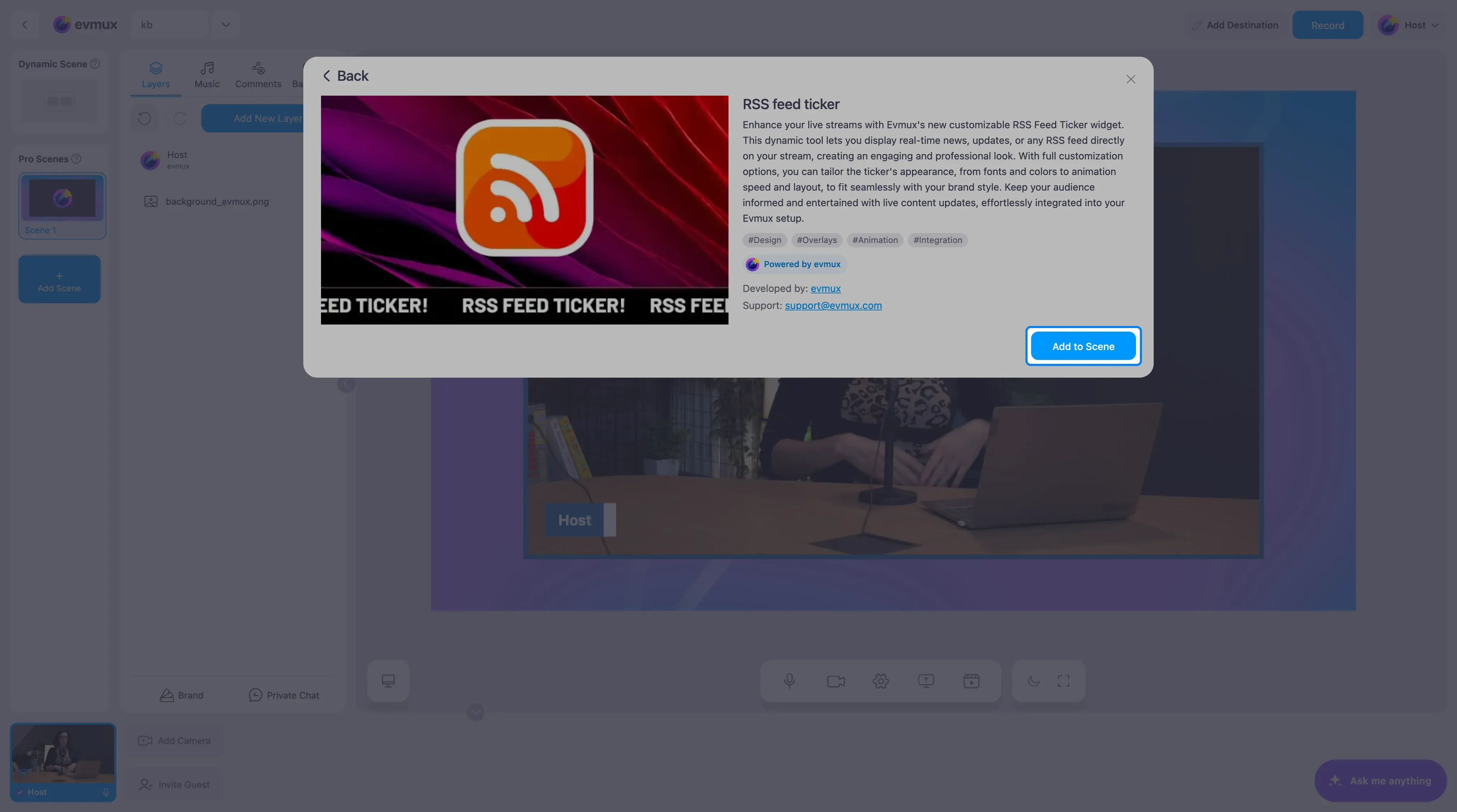 A página do app RSS feed ticker com o botão Add to Scene destacado