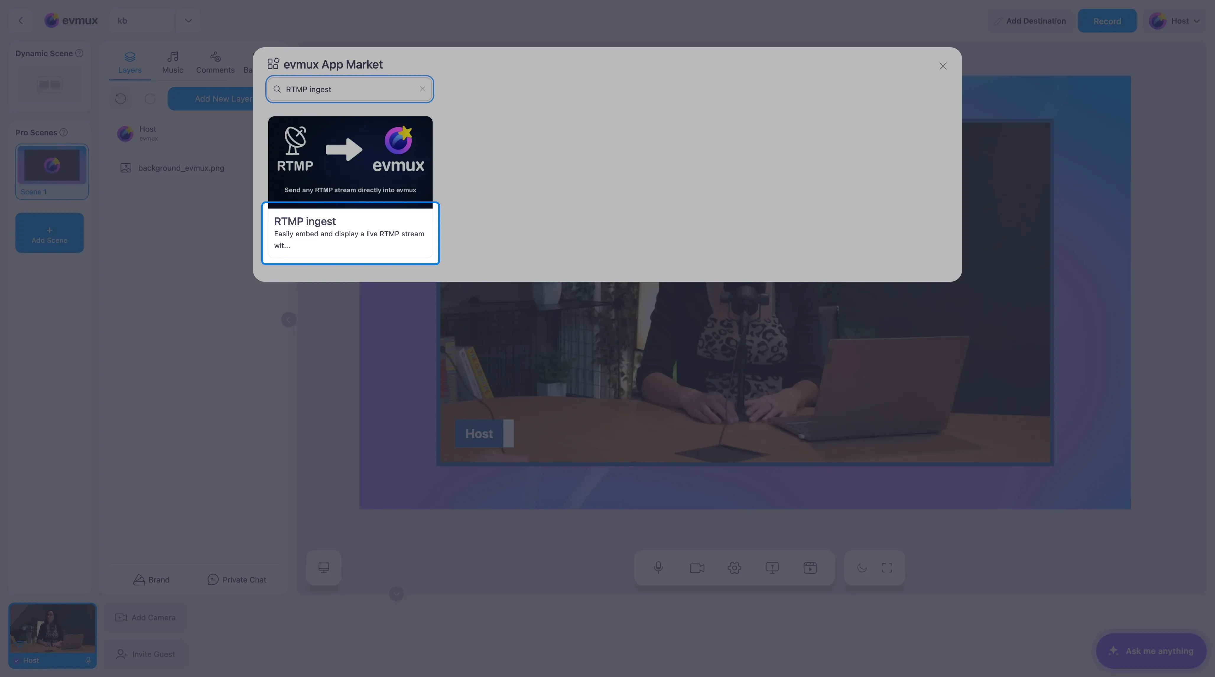 O evmux App Market filtrado para o card RTMP ingest, destacado