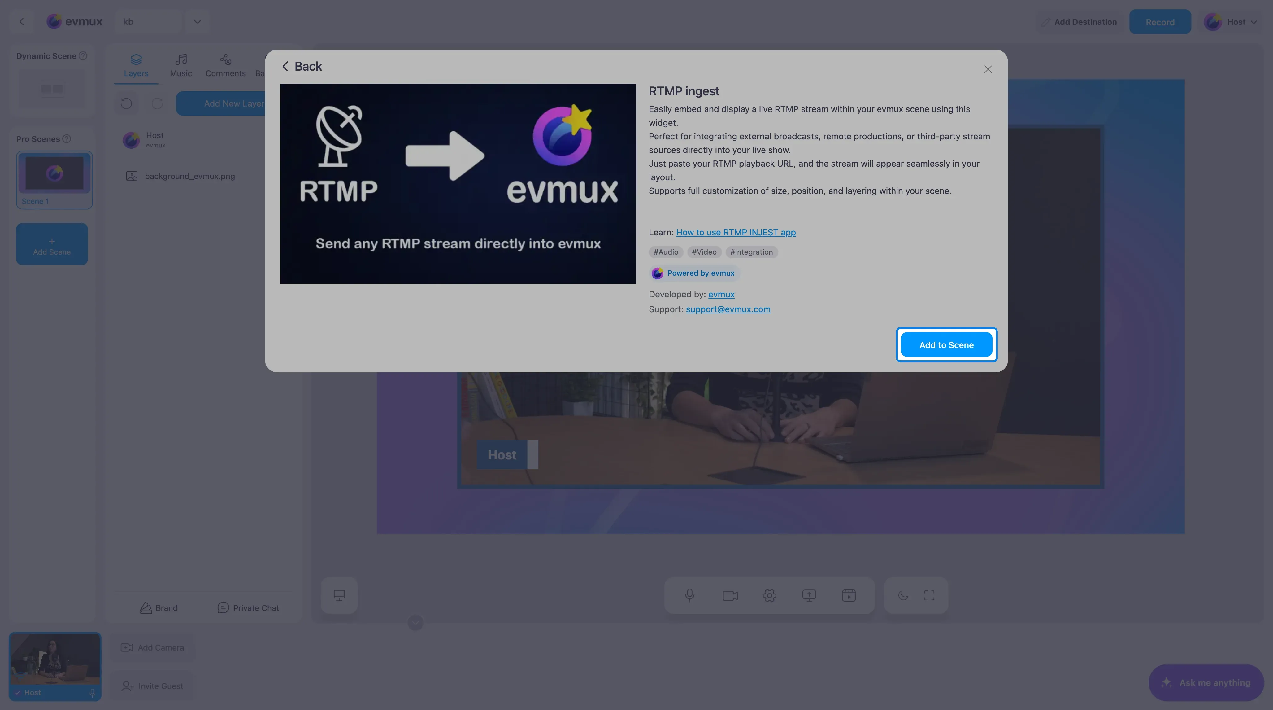 A página do app RTMP ingest com o botão Add to Scene destacado