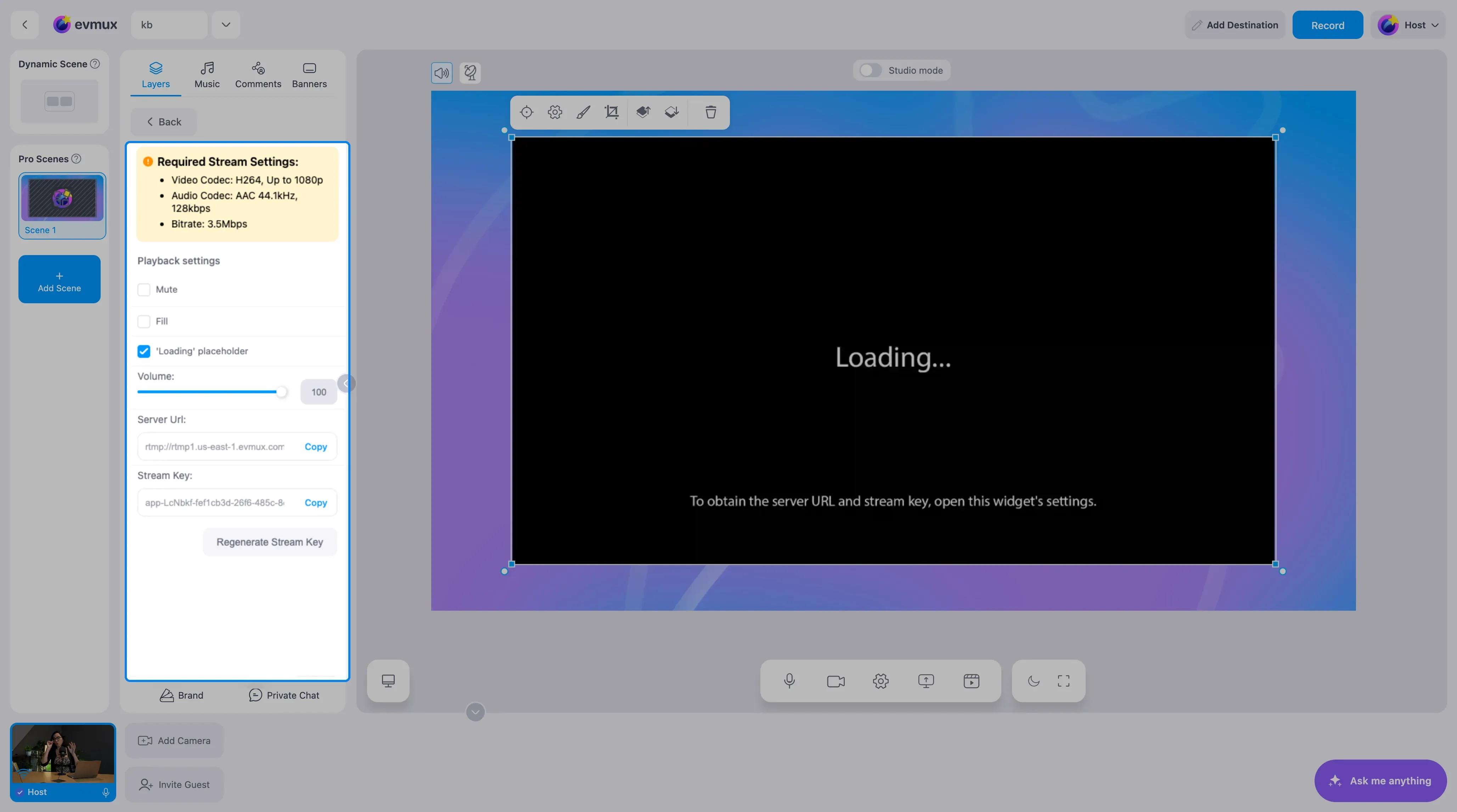 O widget RTMP ingest na cena aguardando uma transmissão, com o painel de configurações destacado