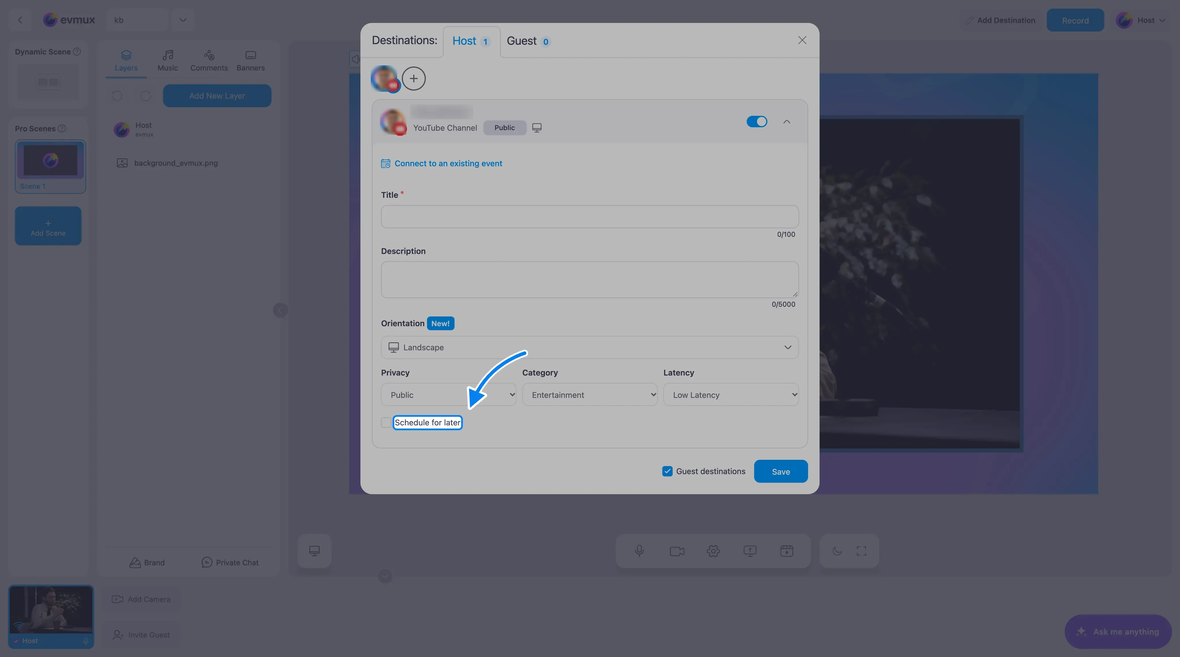 As configurações do destino YouTube na janela Destinations, com a caixa Schedule for later destacada