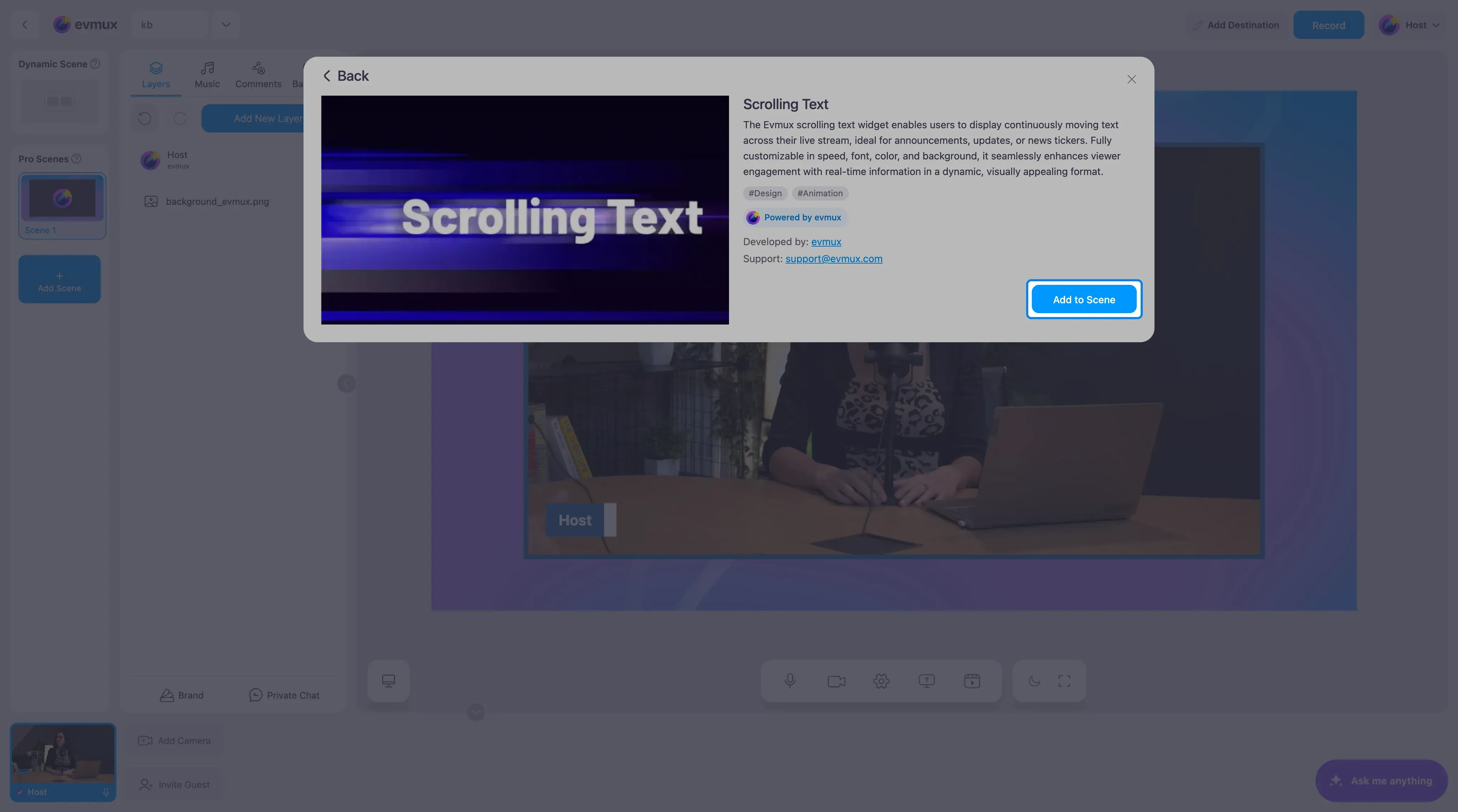 The Scrolling Text app page with the Add to Scene button highlighted