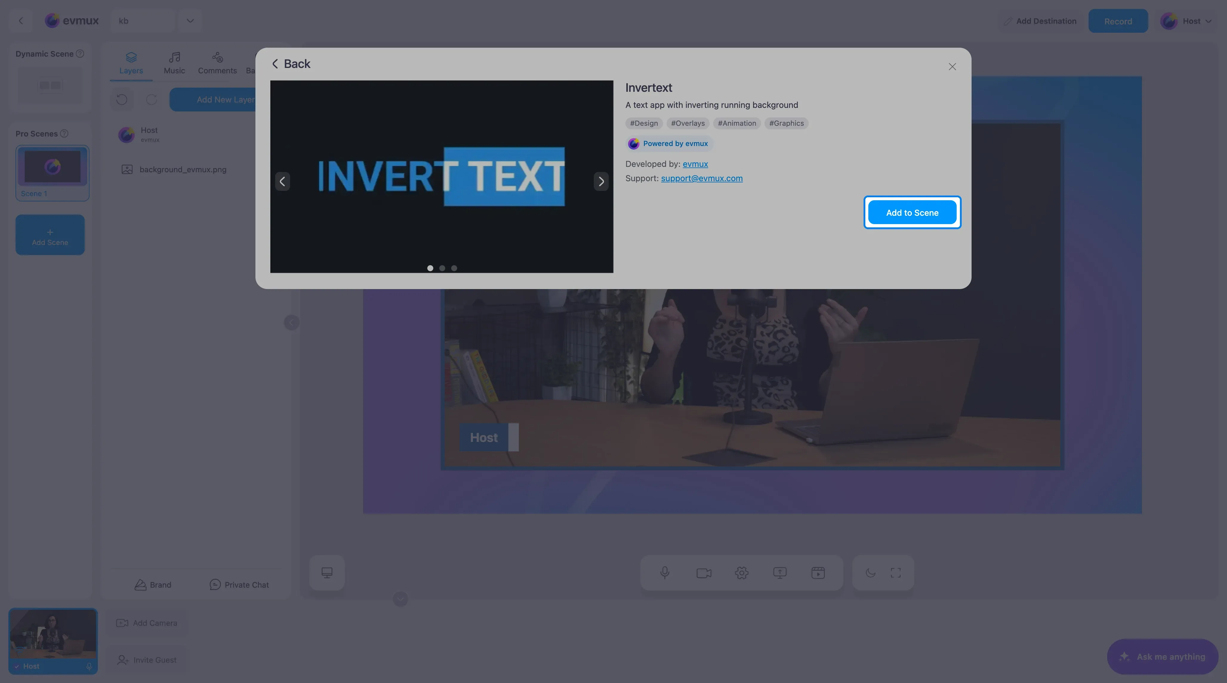 The Invertext app page with the Add to Scene button highlighted