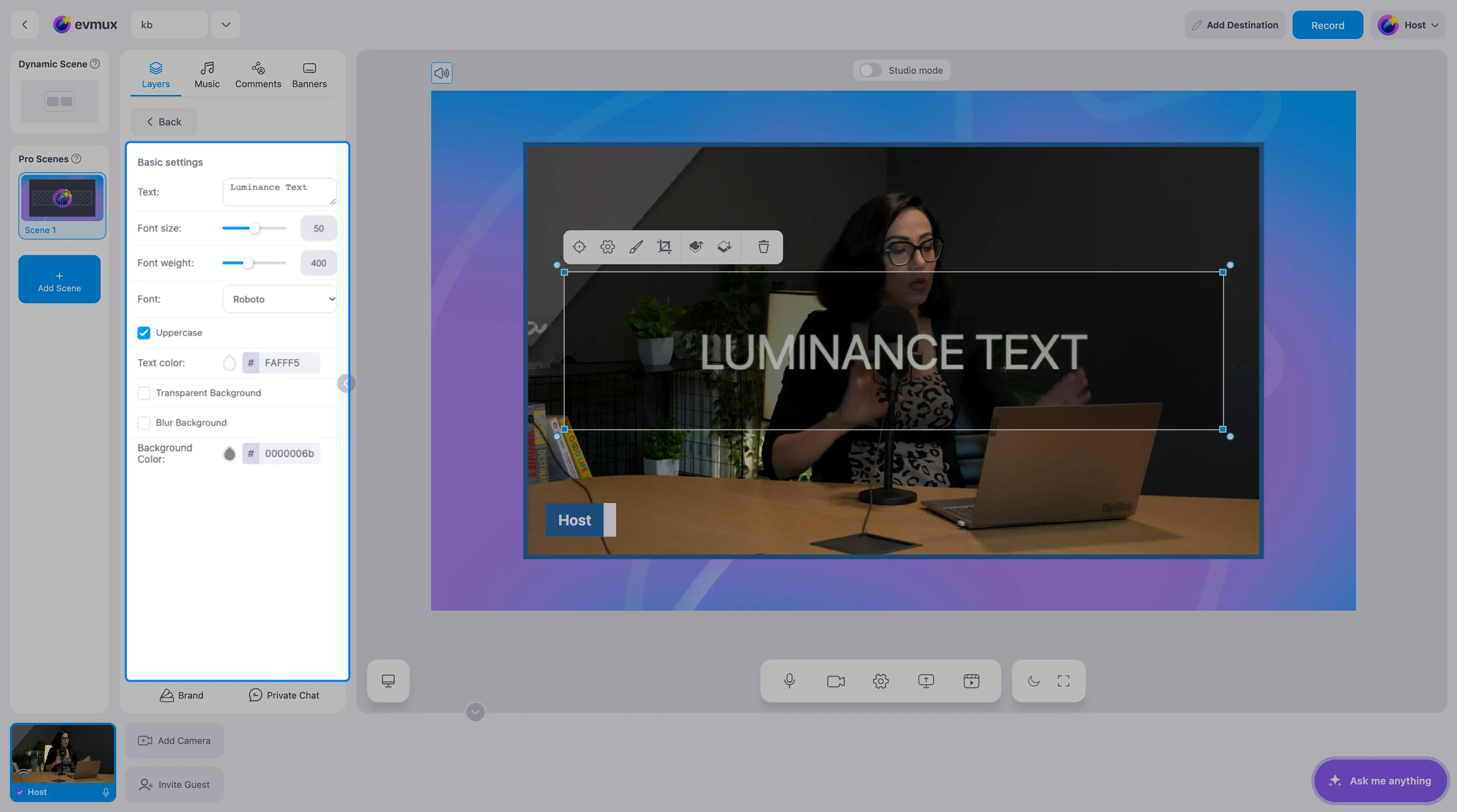 The luminance Text widget on the scene with glowing letters, and its settings panel highlighted