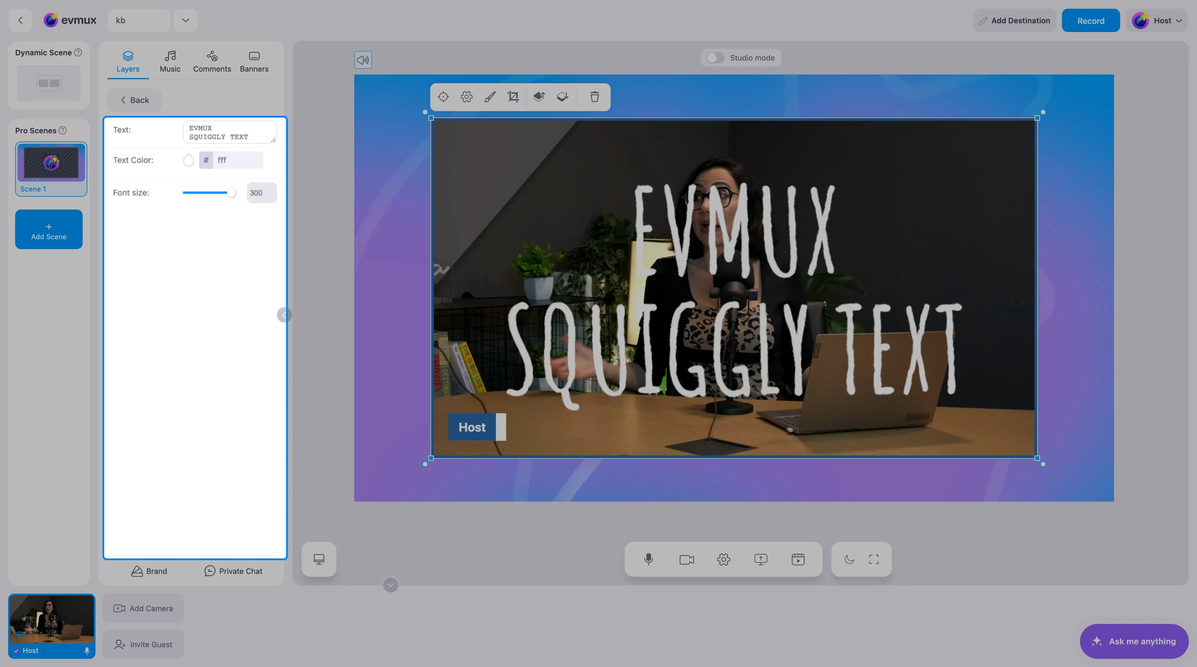 The Squiggly Text widget on the scene with large wobbling hand-drawn letters, and its settings panel highlighted: text, text color and font size