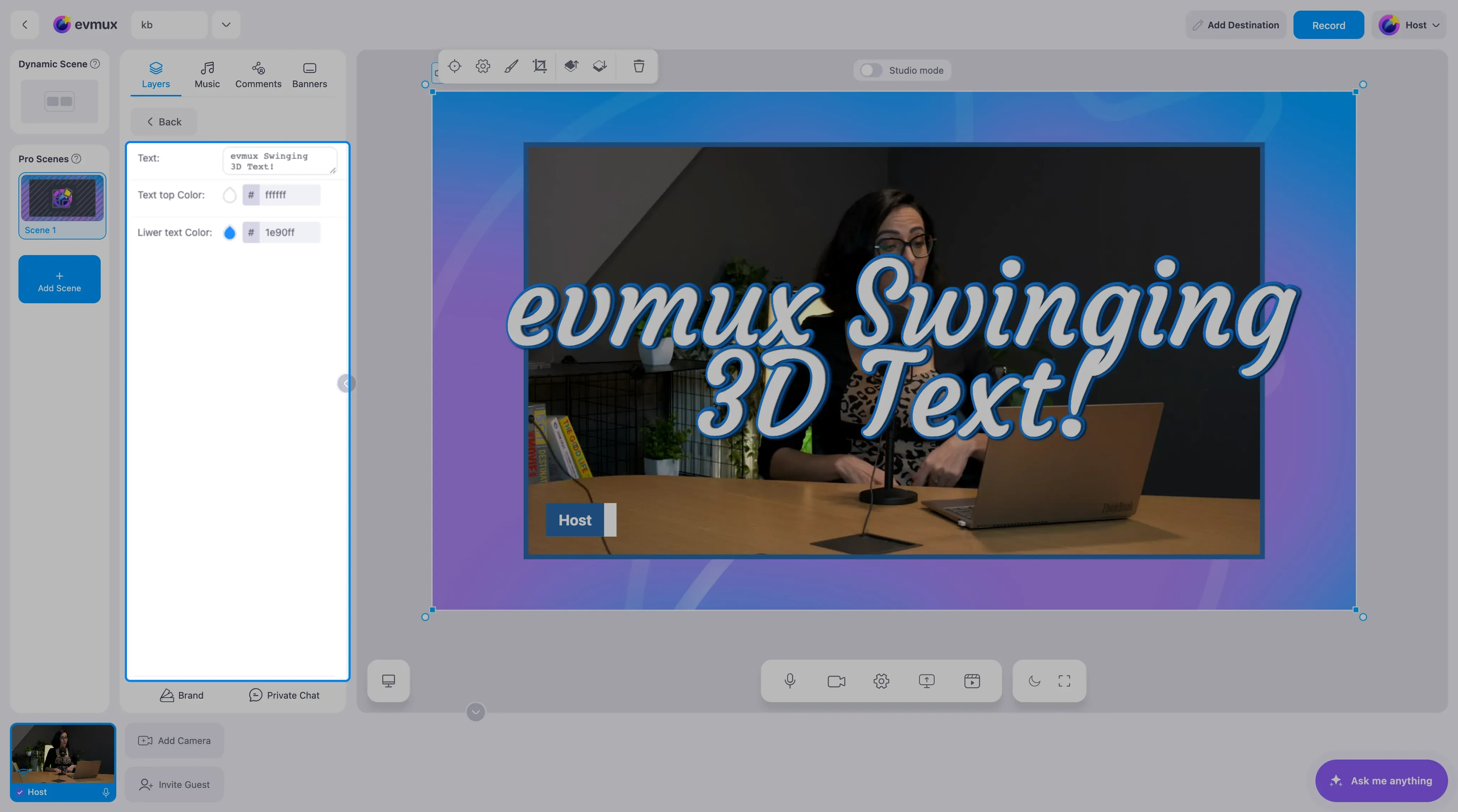 The Swinging 3D Text widget on the scene with big white letters on a blue 3D base, and its settings panel highlighted: text, top color and lower text color
