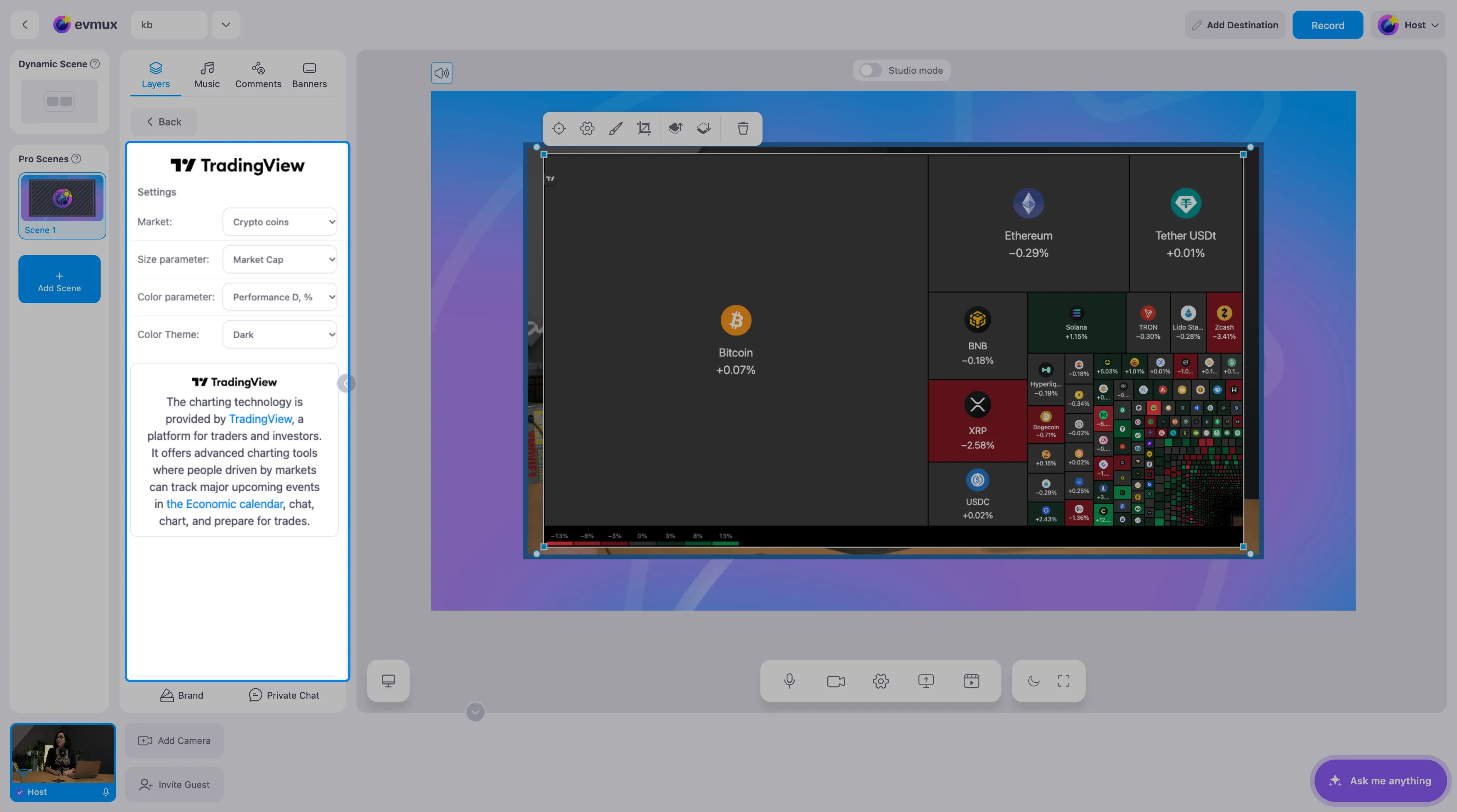 The TradingView Crypto HeatMap widget on the scene showing coins as colored tiles, with its settings panel highlighted