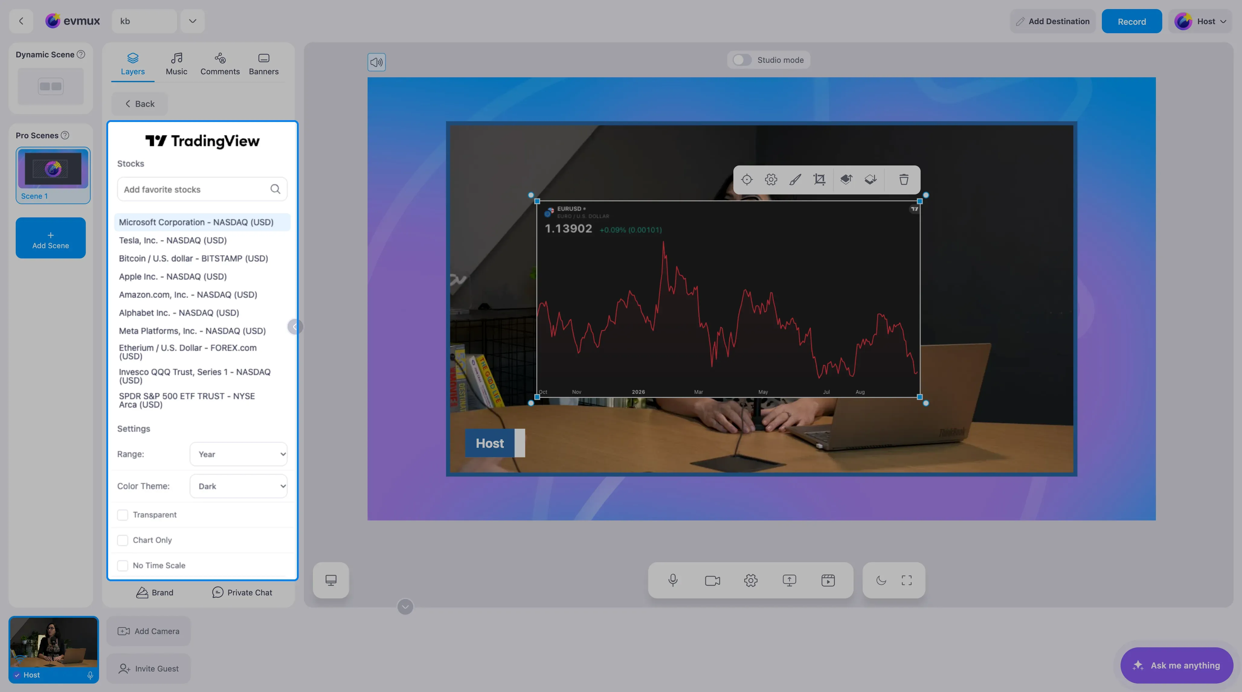 The TradingView Mini Chart widget on the scene showing one symbol as a line chart, with the settings panel highlighted: the stock list, range, color theme and line colors