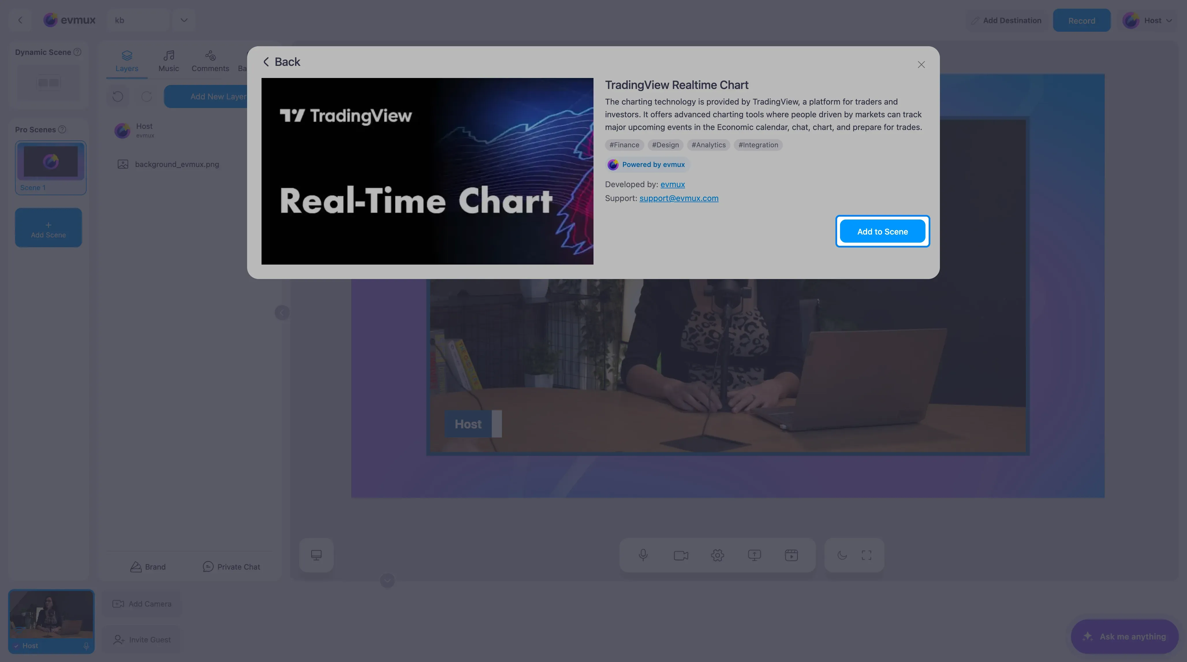 The TradingView Realtime Chart app page with the Add to Scene button highlighted