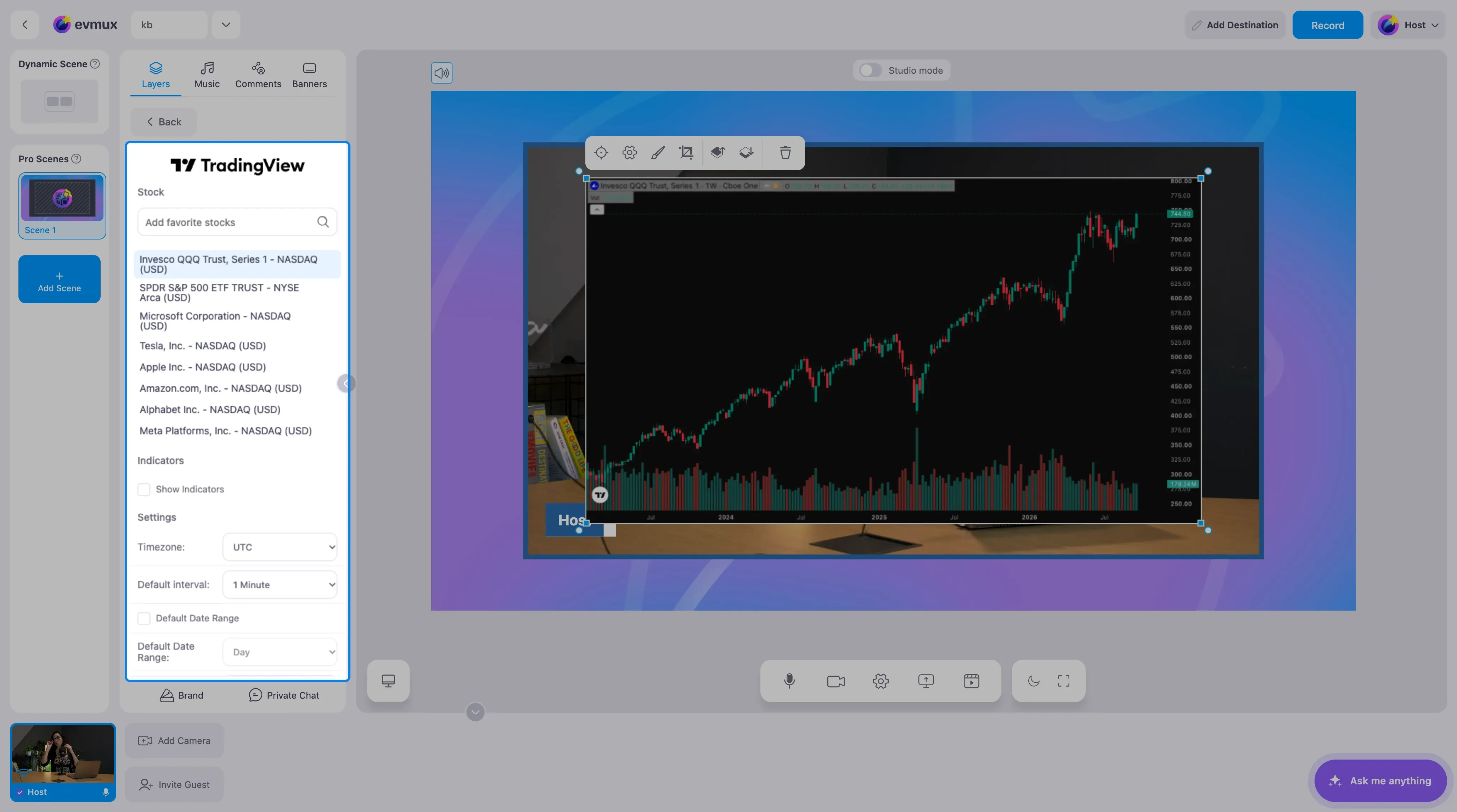 The TradingView Realtime Chart widget on the scene showing a candlestick chart, with the settings panel highlighted: the stock list, Show Indicators, timezone and default interval