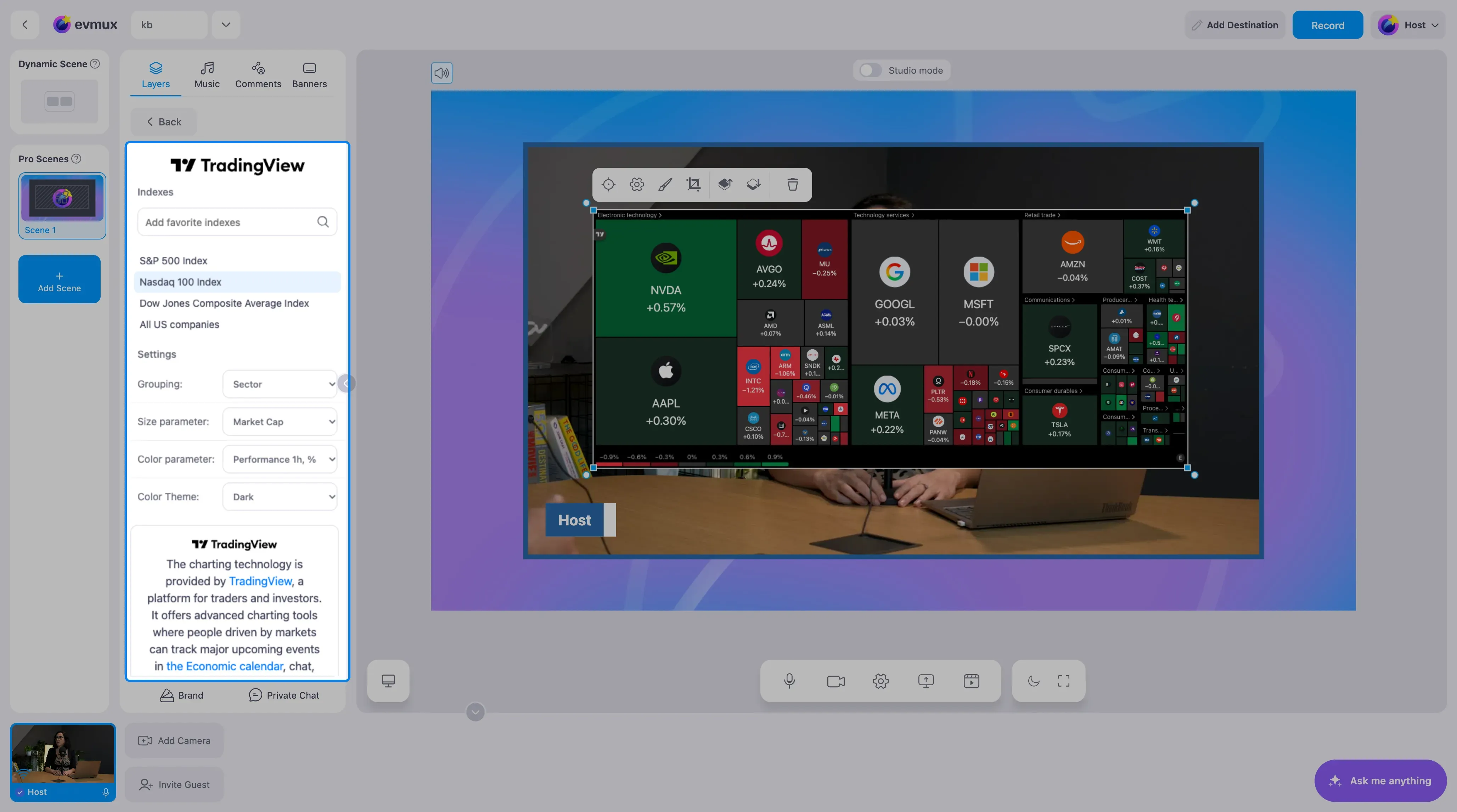 The TradingView Stock HeatMap widget on the scene showing Nasdaq 100 companies as colored tiles, with the settings panel highlighted: the index list, grouping, size and color parameters and color theme